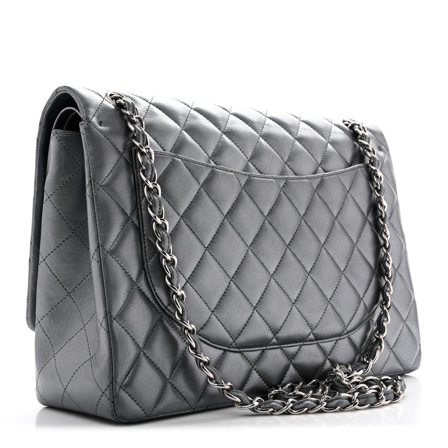 Metallic Lambskin Quilted Maxi Double Flap Pewter — view 3