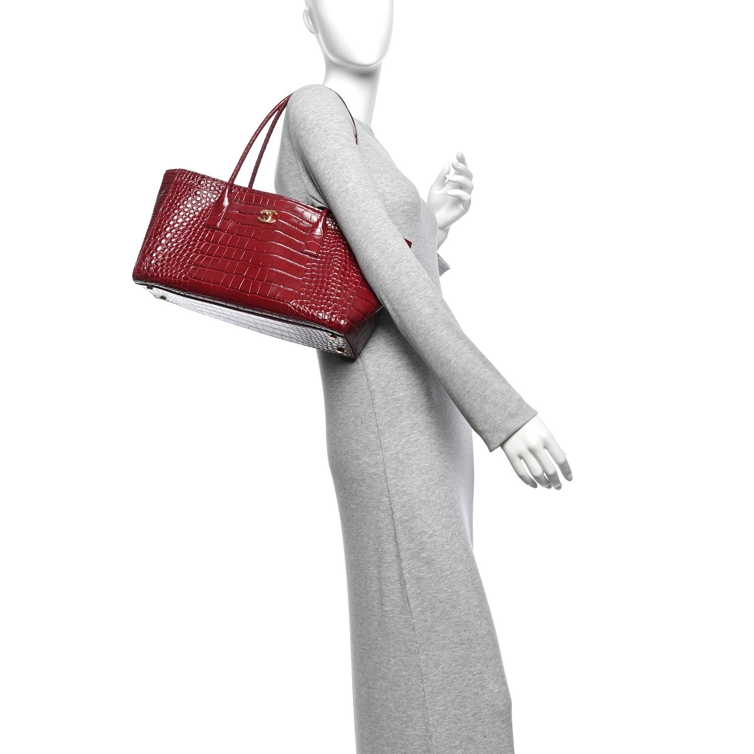 Calfskin Crocodile Embossed Archetype Small Shopping Tote Burgundy — view 2