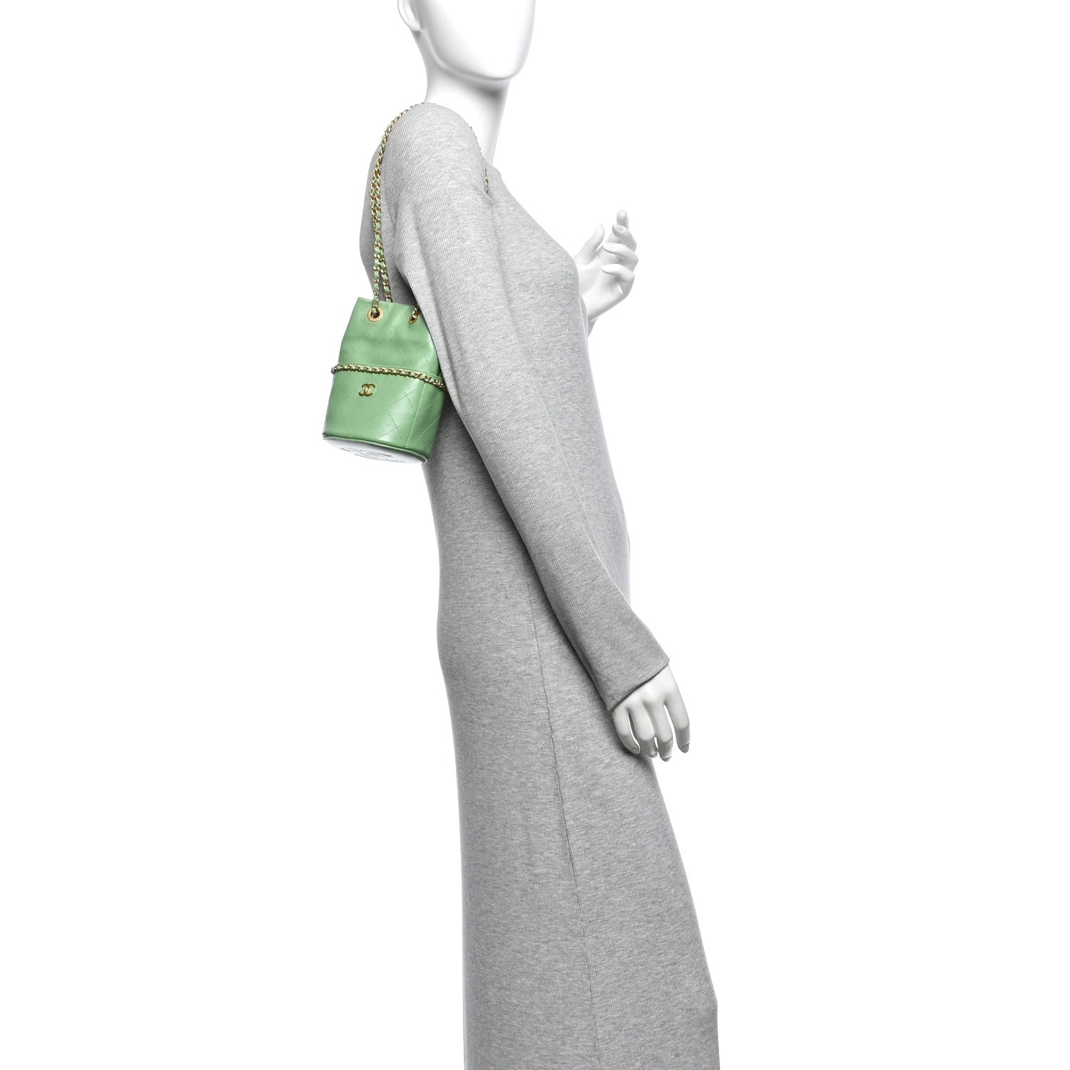Shiny Lambskin Quilted Chain Around Drawstring Bucket Clutch With Chain Green — view 2