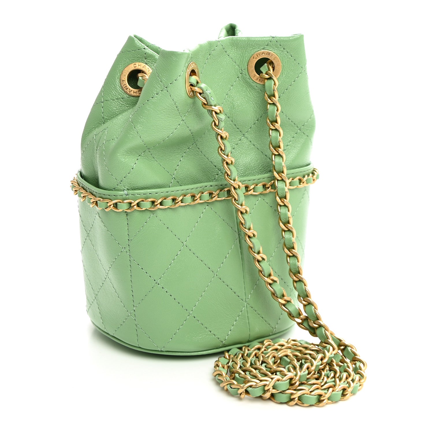 Shiny Lambskin Quilted Chain Around Drawstring Bucket Clutch With Chain Green — view 3