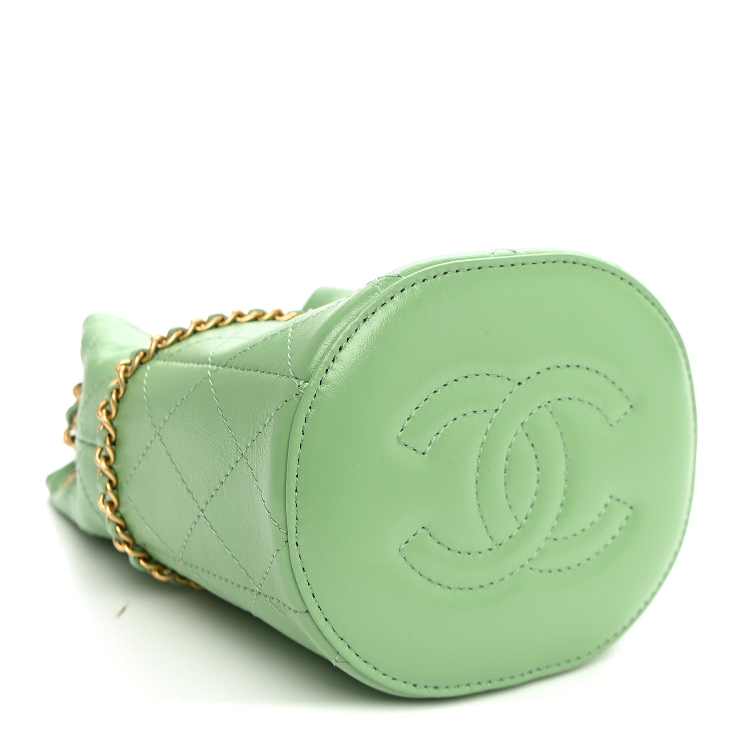 Shiny Lambskin Quilted Chain Around Drawstring Bucket Clutch With Chain Green — view 4