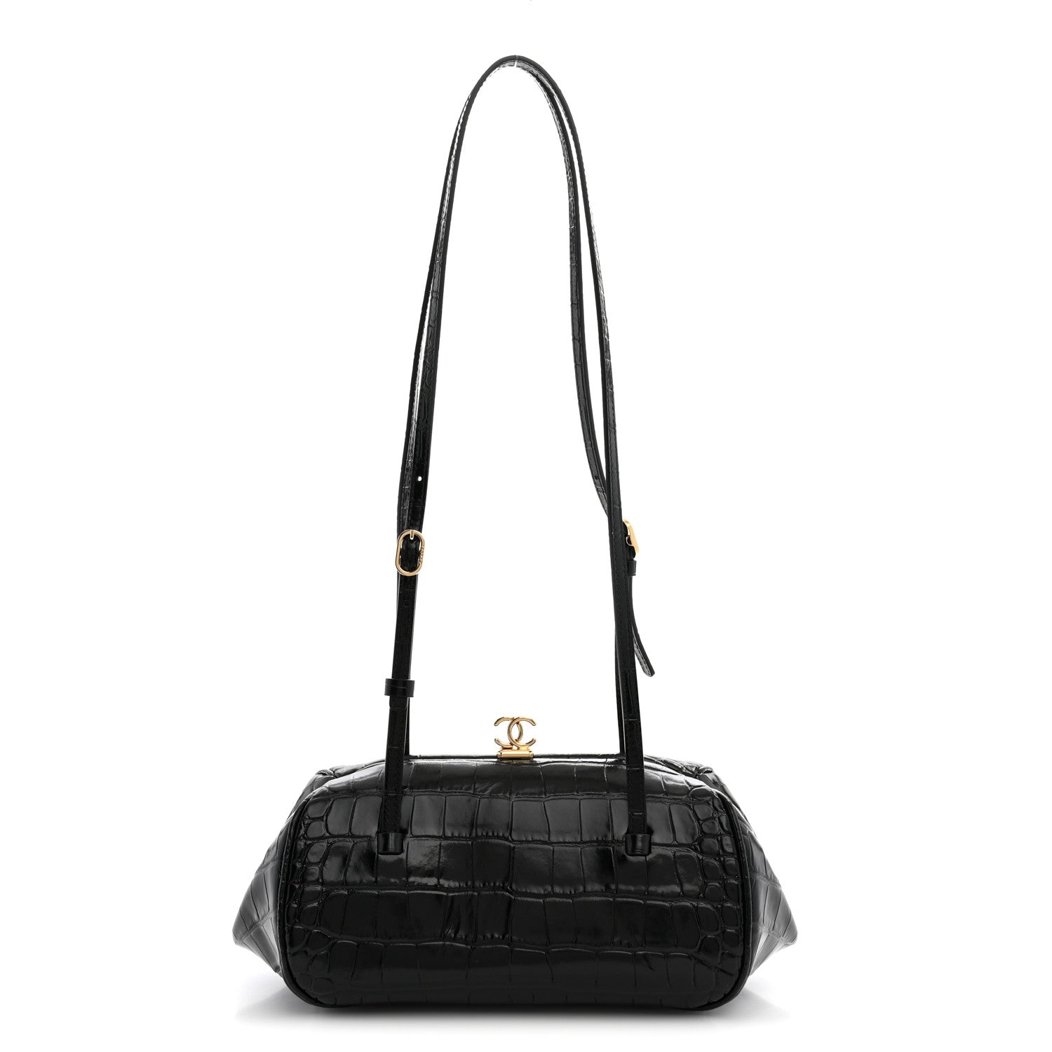 Calfskin Crocodile Embossed Pretty CC Clutch With Strap Black