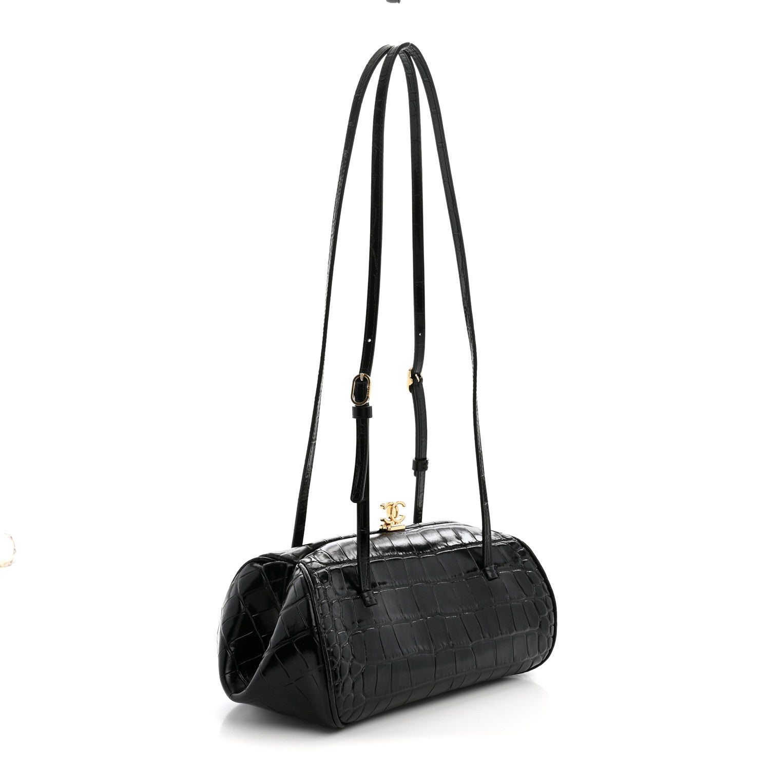 Calfskin Crocodile Embossed Pretty CC Clutch With Strap Black — view 3