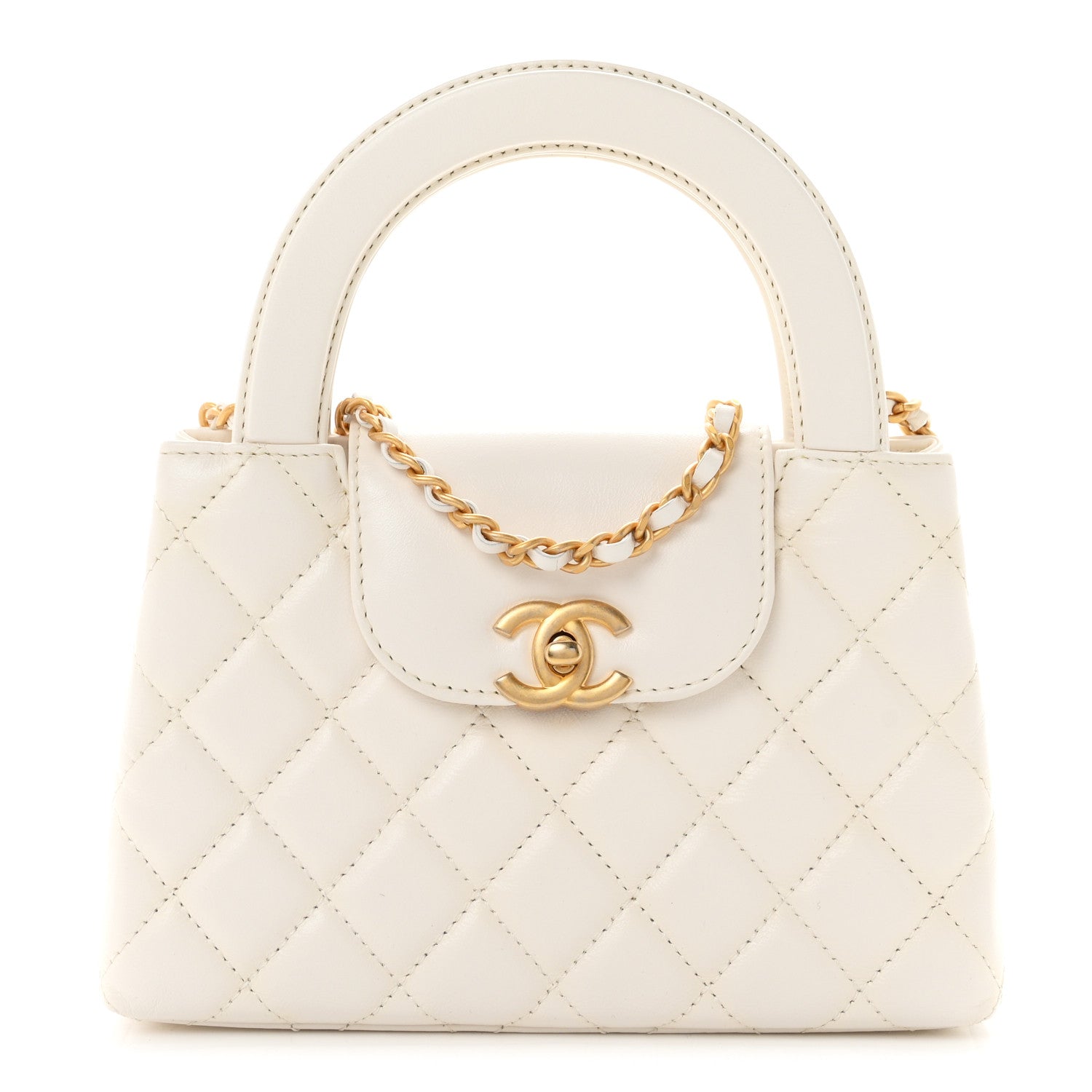 Shiny Aged Calfskin Quilted Nano Kelly Shopper White