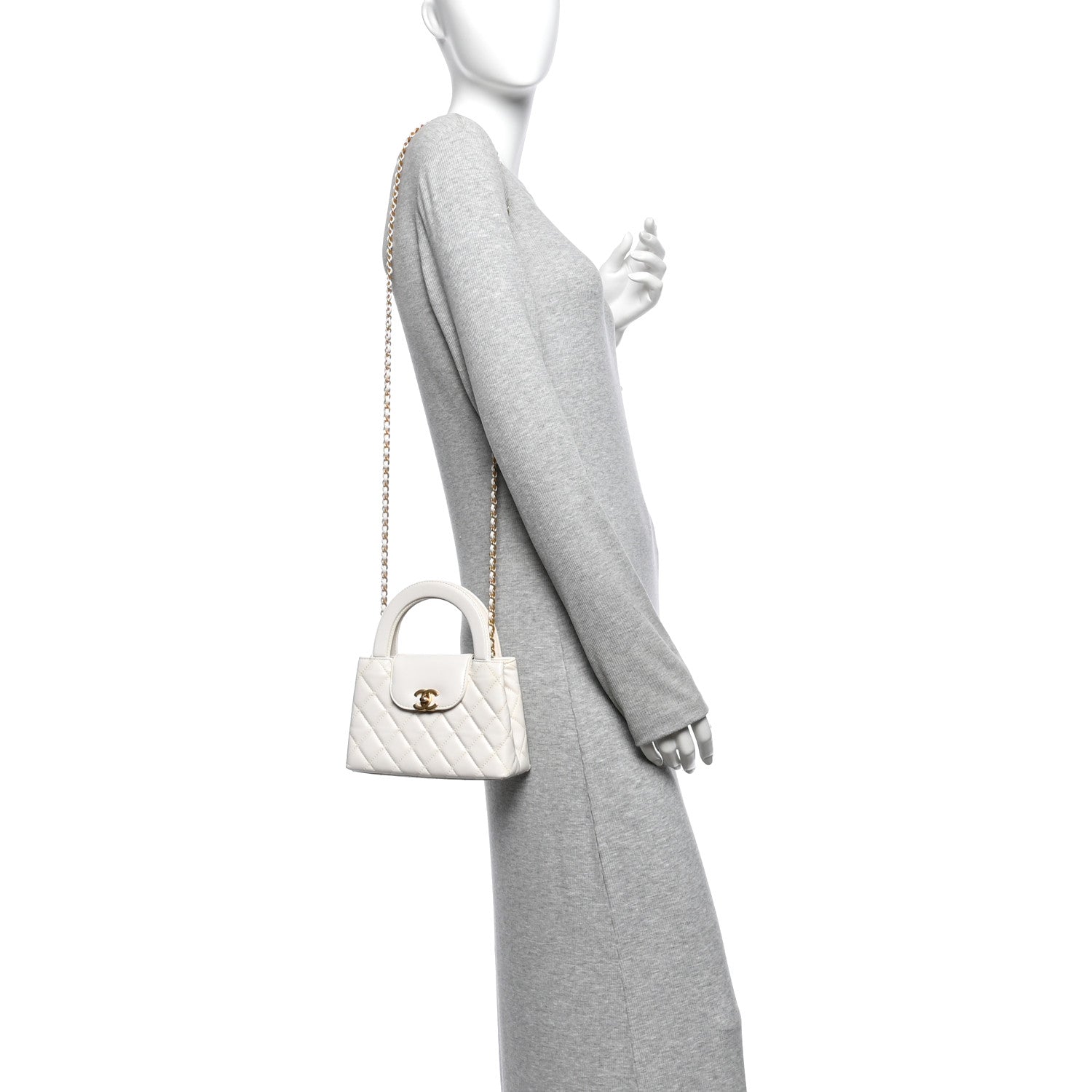 Shiny Aged Calfskin Quilted Nano Kelly Shopper White — view 2