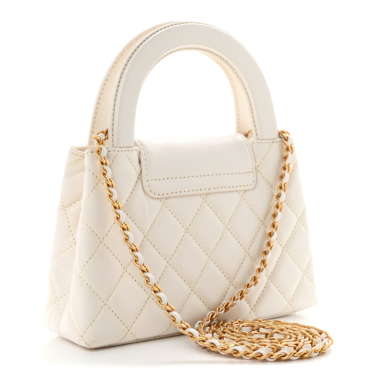Shiny Aged Calfskin Quilted Nano Kelly Shopper White — view 3