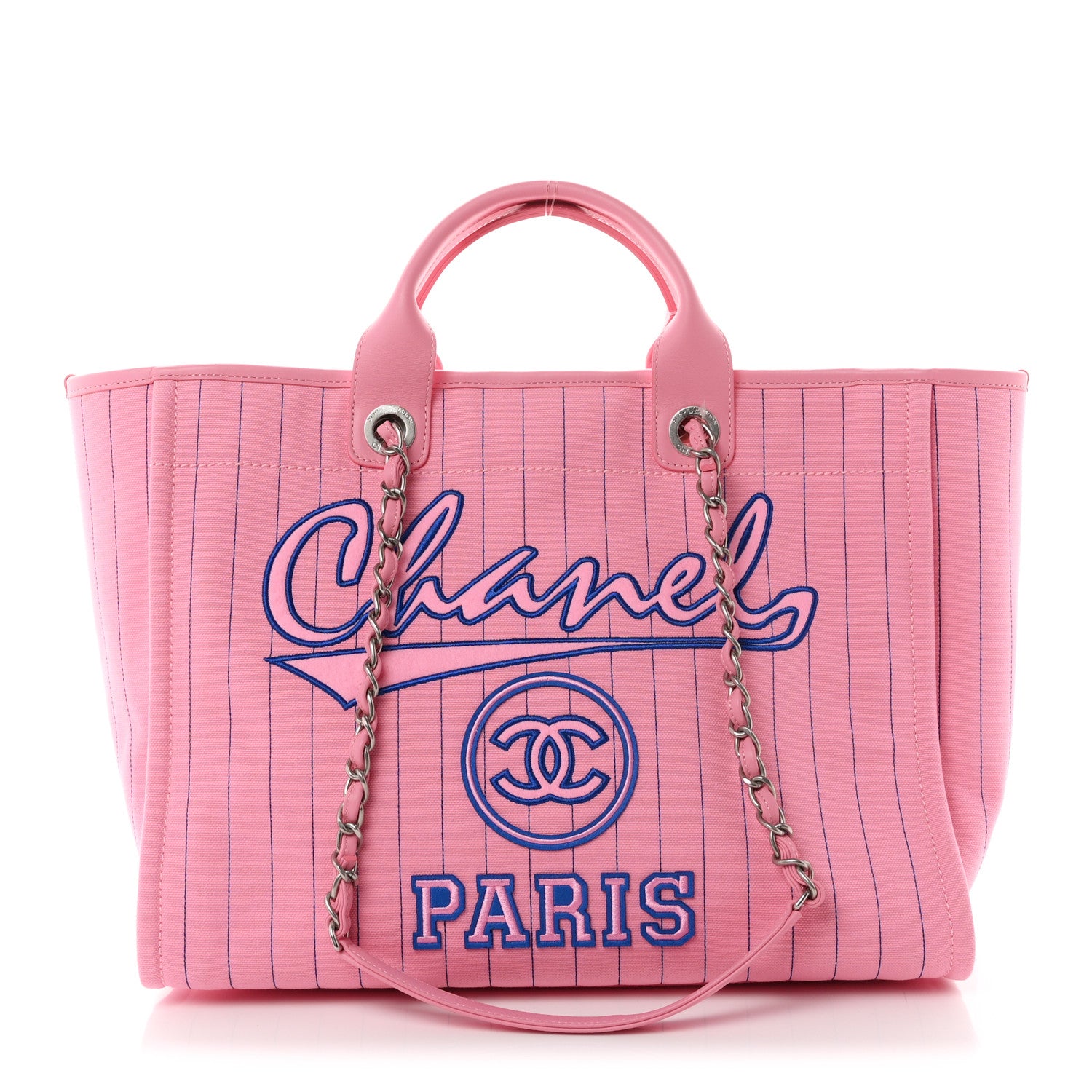 Canvas Calfskin Striped Large Deauville Tote Pink Blue — view 1