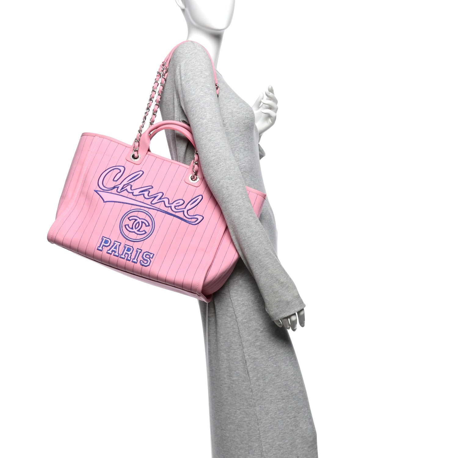 Canvas Calfskin Striped Large Deauville Tote Pink Blue — view 2