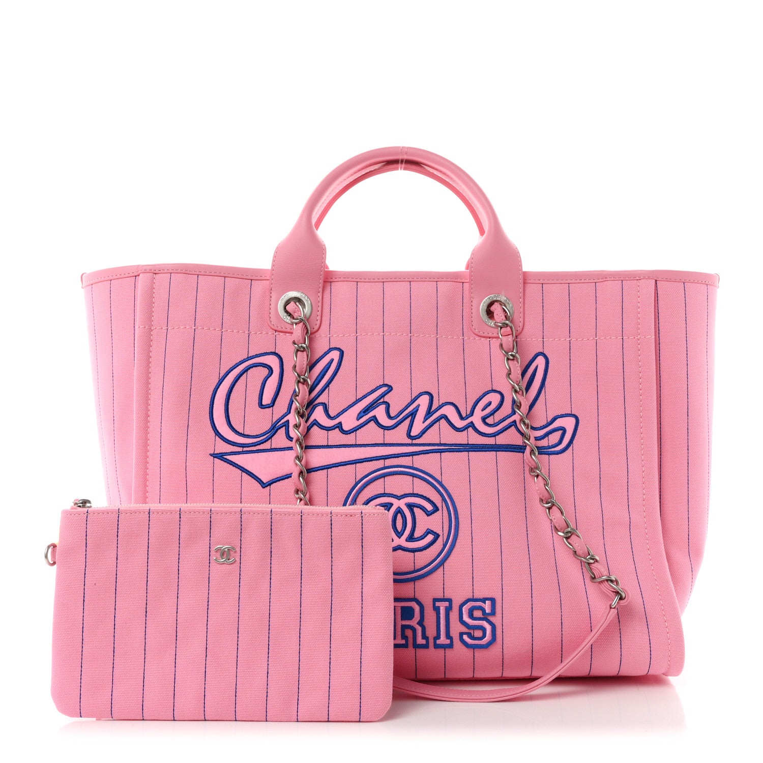 Canvas Calfskin Striped Large Deauville Tote Pink Blue — view 3