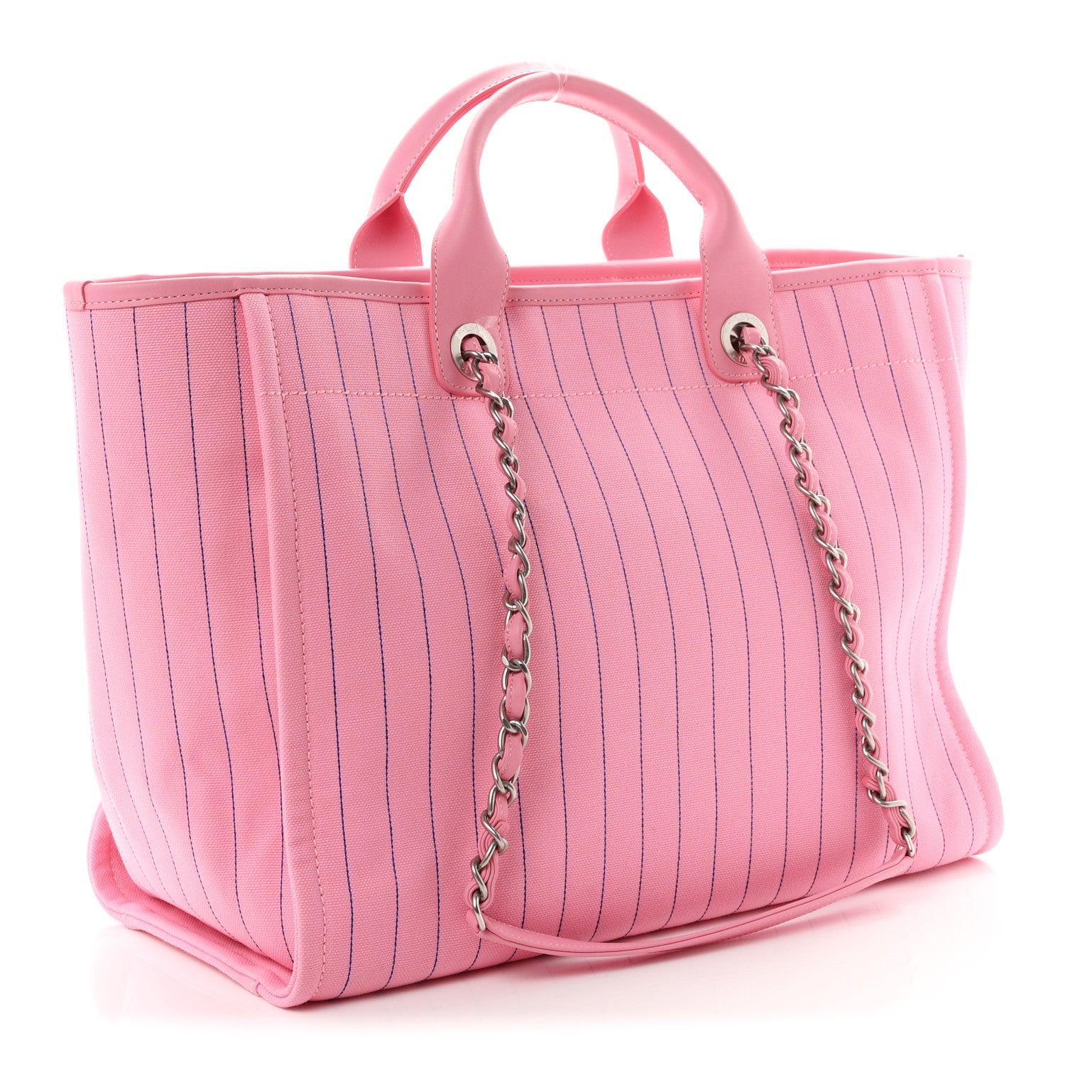 Canvas Calfskin Striped Large Deauville Tote Pink Blue — view 4