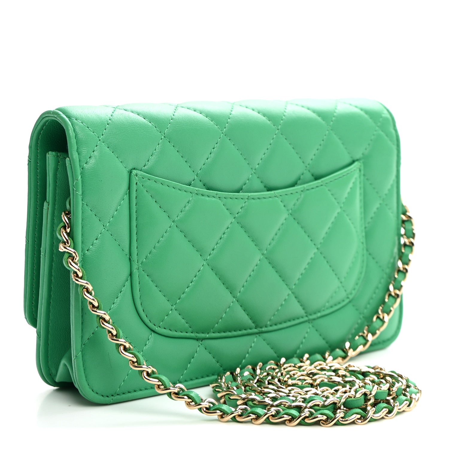 Lambskin Quilted Wallet On Chain WOC Green — view 3