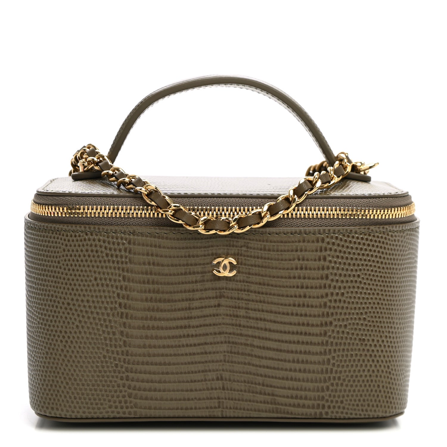 Calfskin Lizard Embossed Top Handle Vanity With Chain Dark Khaki