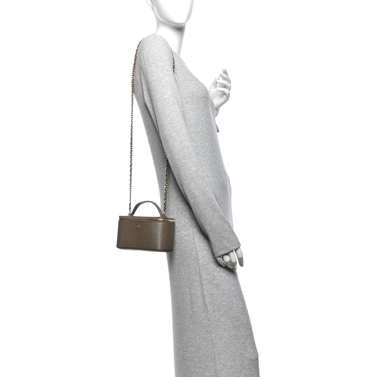 Calfskin Lizard Embossed Top Handle Vanity With Chain Dark Khaki — view 2