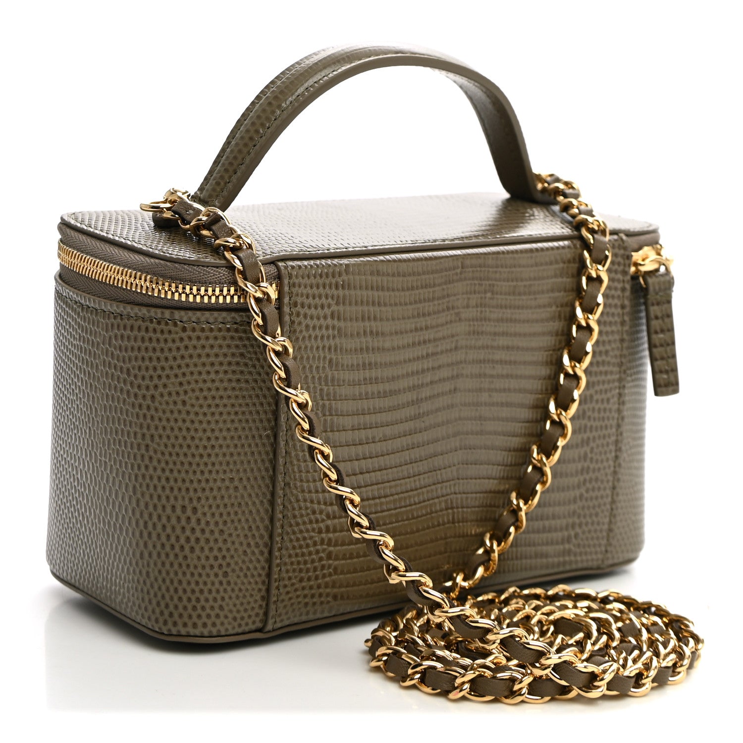 Calfskin Lizard Embossed Top Handle Vanity With Chain Dark Khaki — view 3