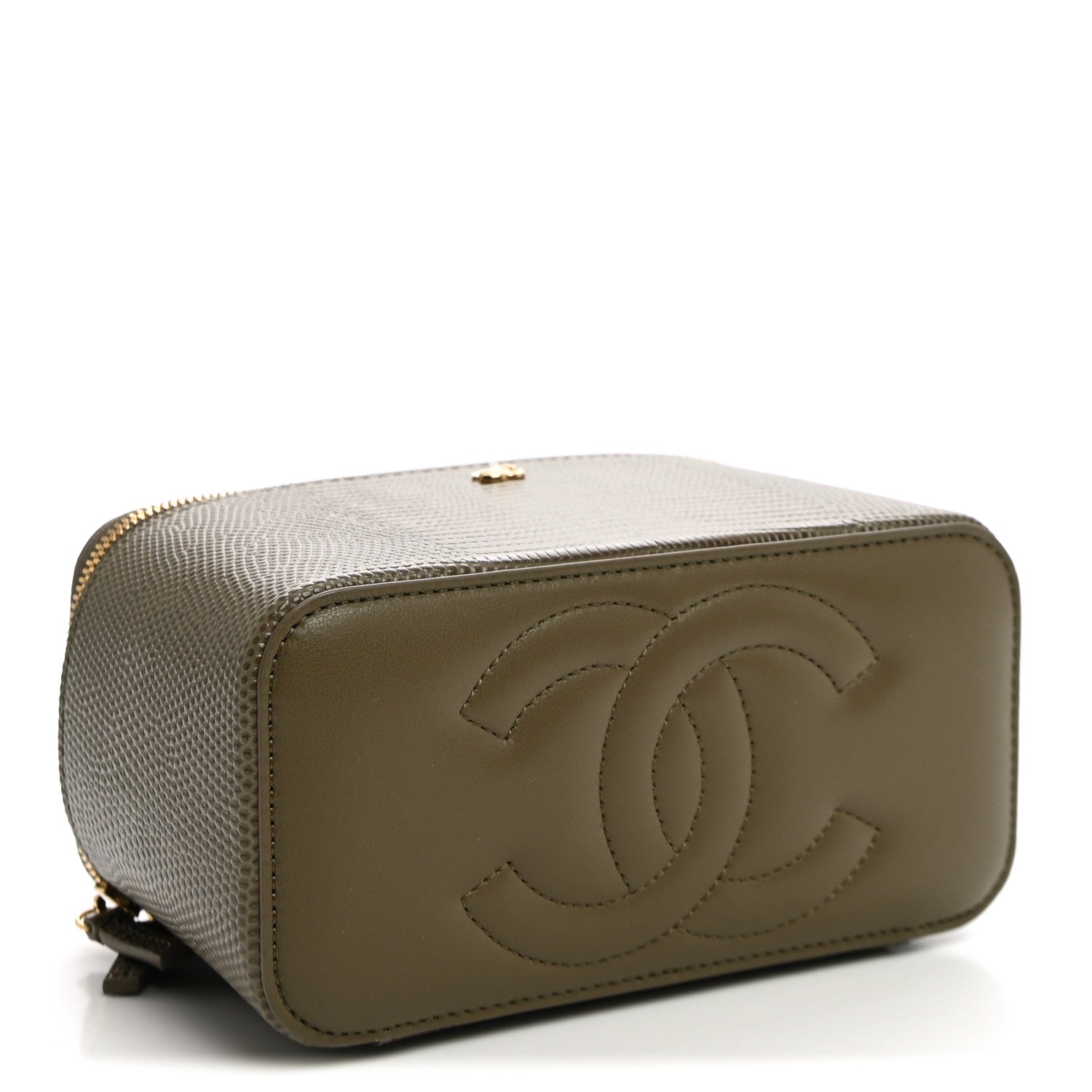 Calfskin Lizard Embossed Top Handle Vanity With Chain Dark Khaki — view 4