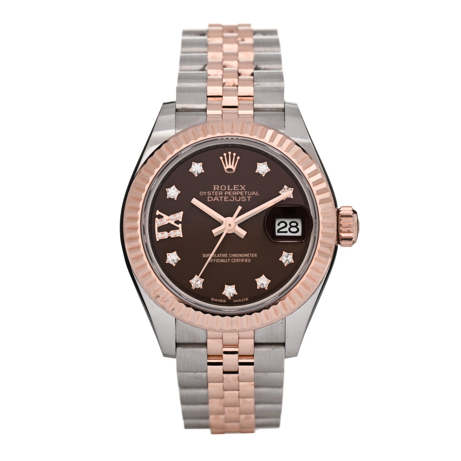 Stainless Steel 18K Everose Gold Diamond 28mm Oyster Perpetual Datejust Watch Chocolate 279171