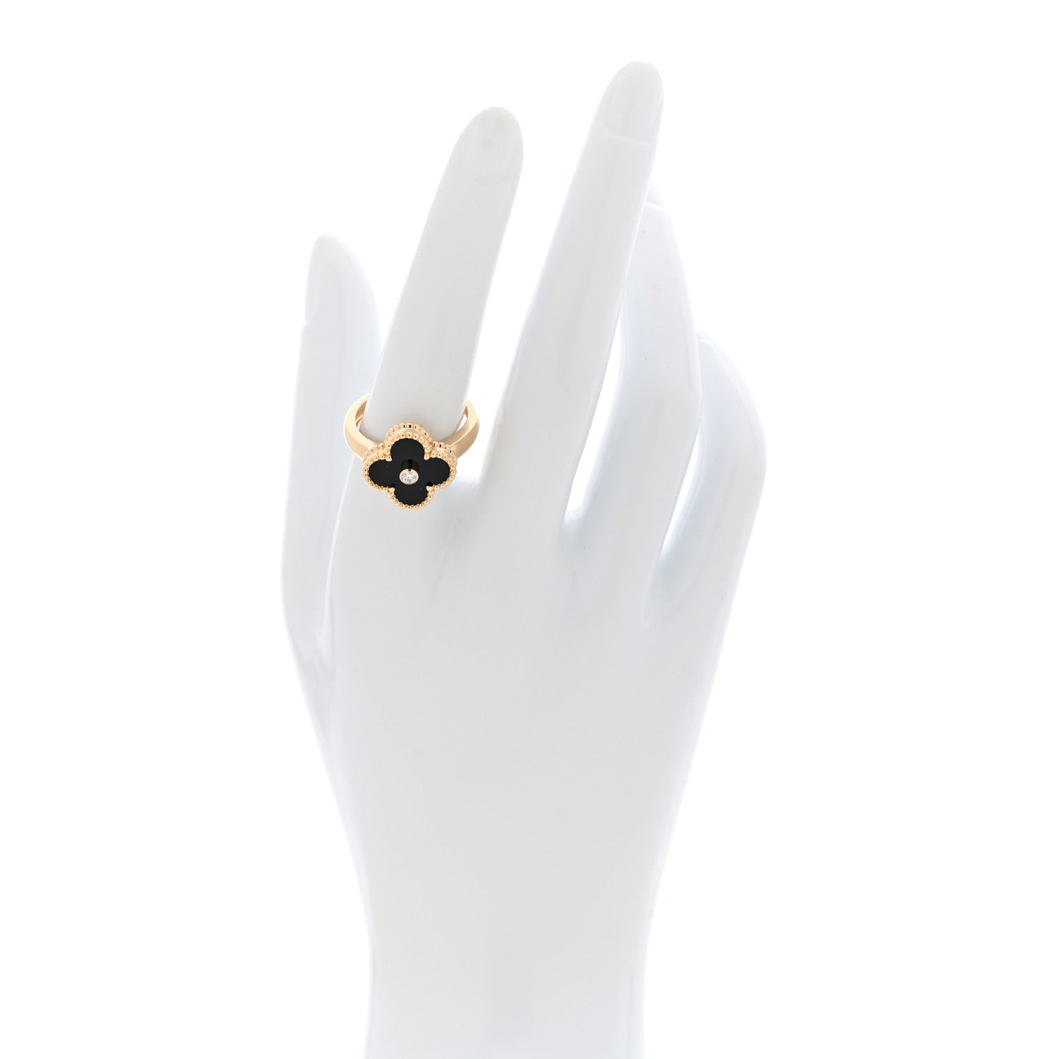 18K Yellow Gold Black Onyx Diamond Vintage Alhambra Ring 56 7.5 — view 2