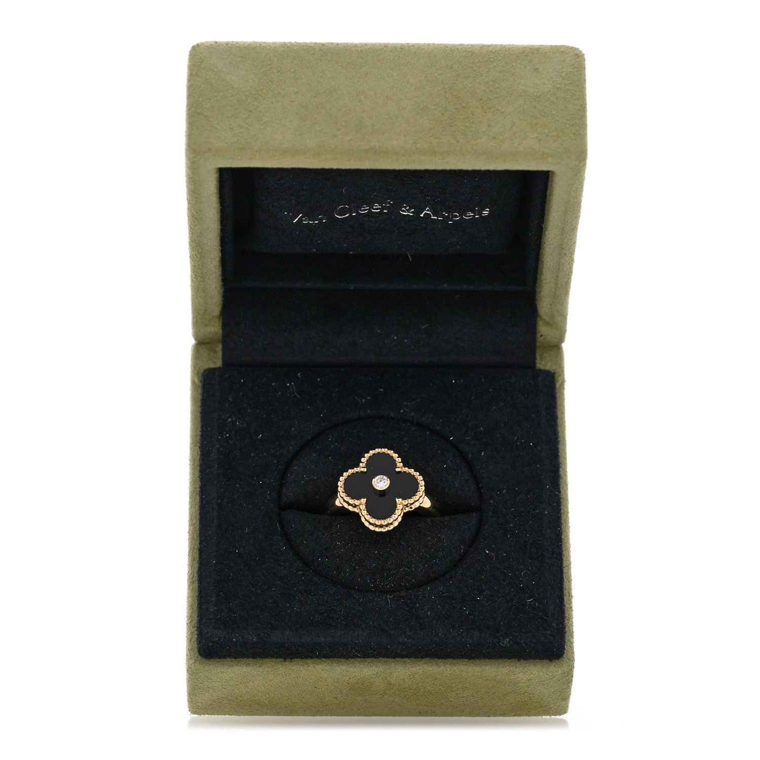 18K Yellow Gold Black Onyx Diamond Vintage Alhambra Ring 56 7.5 — view 5