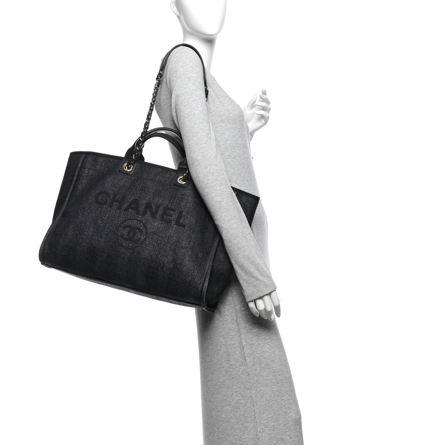 Mixed Fibers Calfskin Striped Large Deauville Tote Black — view 2