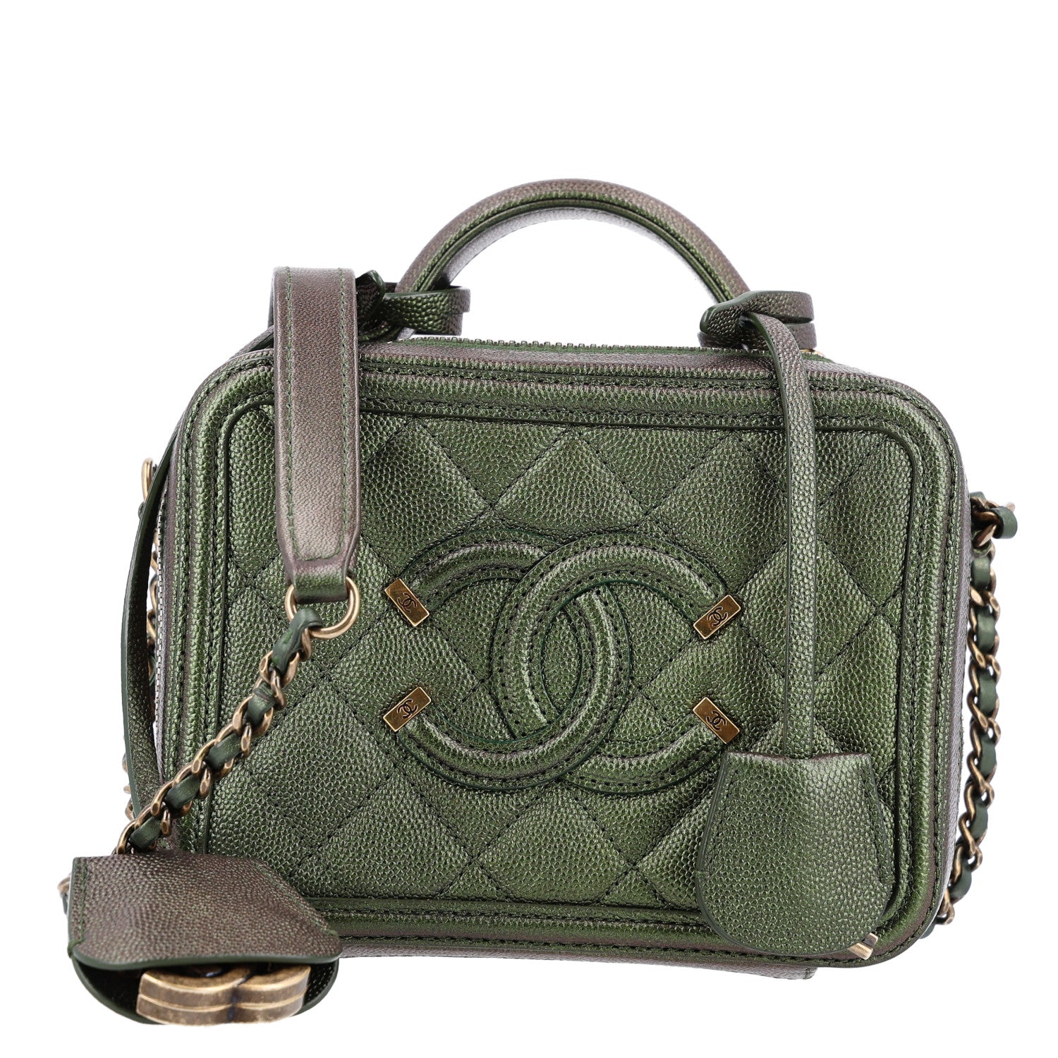 Iridescent Caviar Quilted Small CC Filigree Vanity Case Green