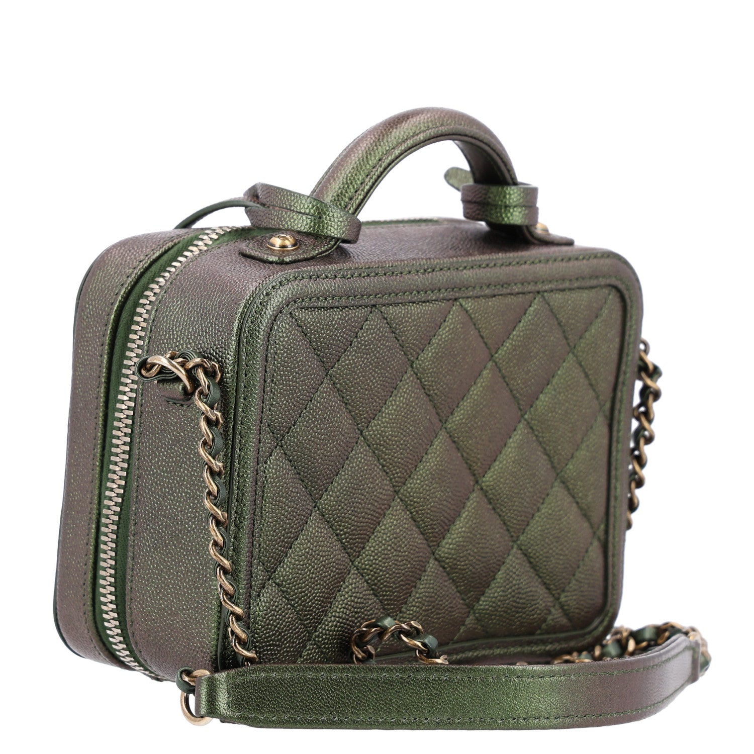 Iridescent Caviar Quilted Small CC Filigree Vanity Case Green — view 3