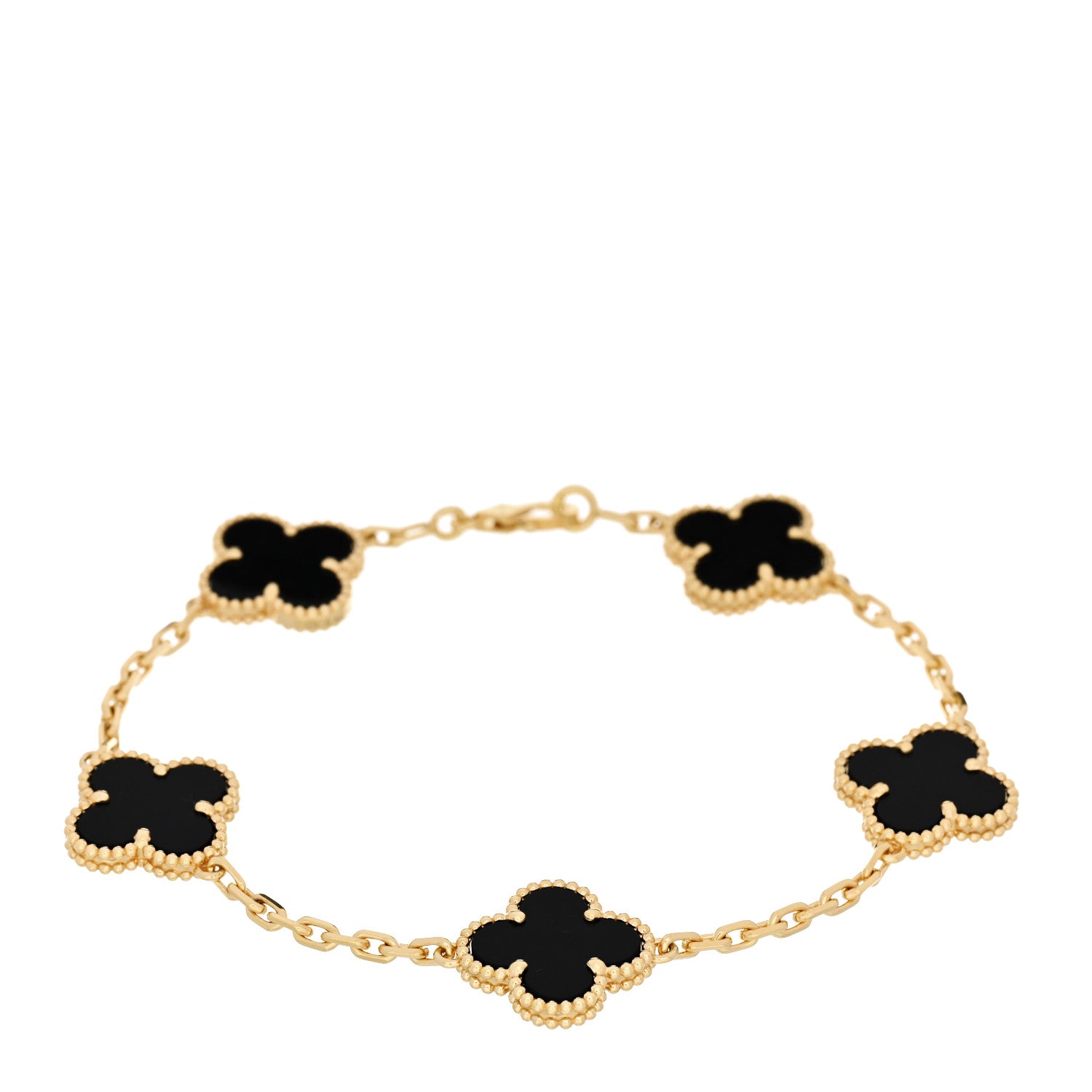 18K Yellow Gold Black Onyx 5 Motifs Vintage Alhambra Bracelet