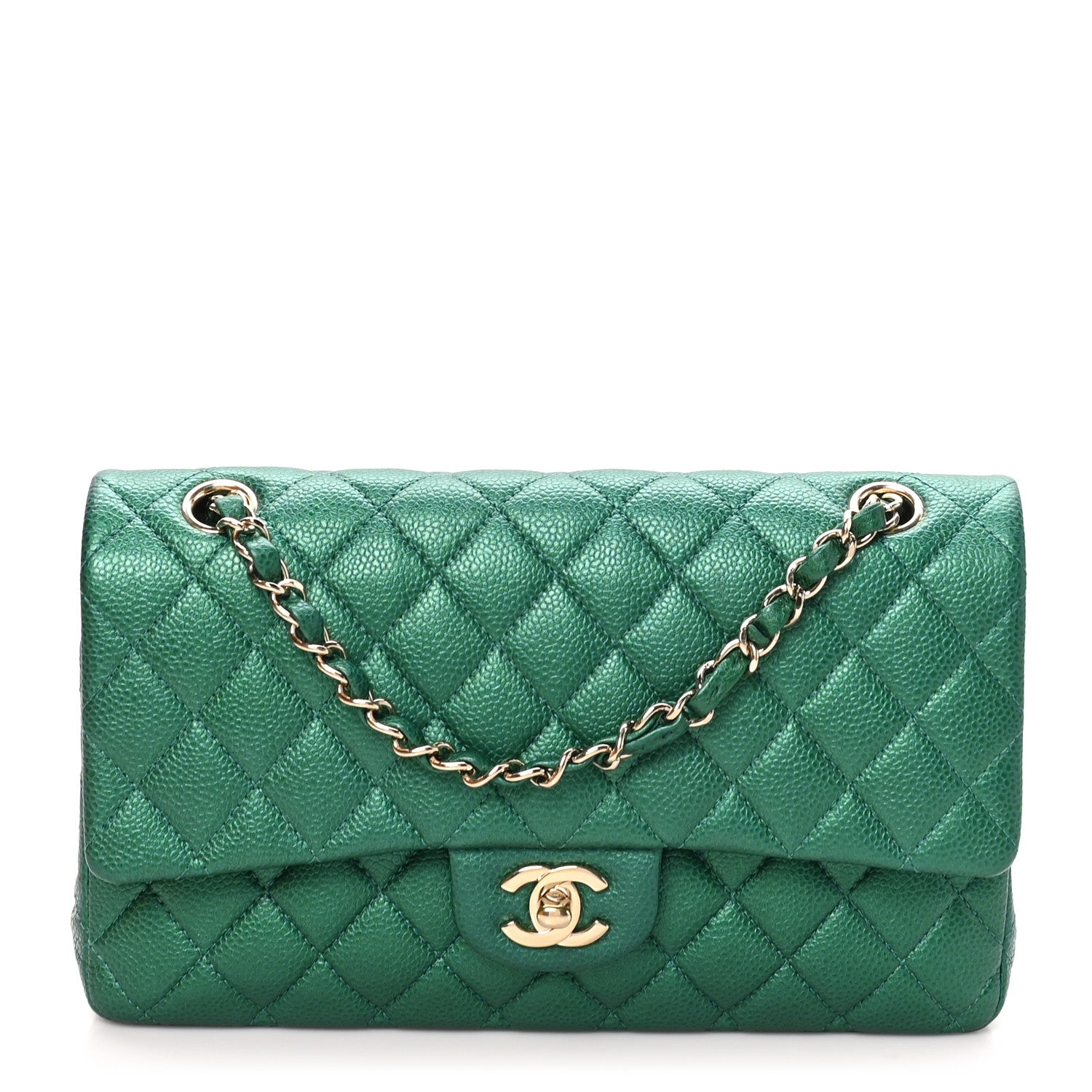 Metallic Caviar Quilted Medium Double Flap Green — view 2