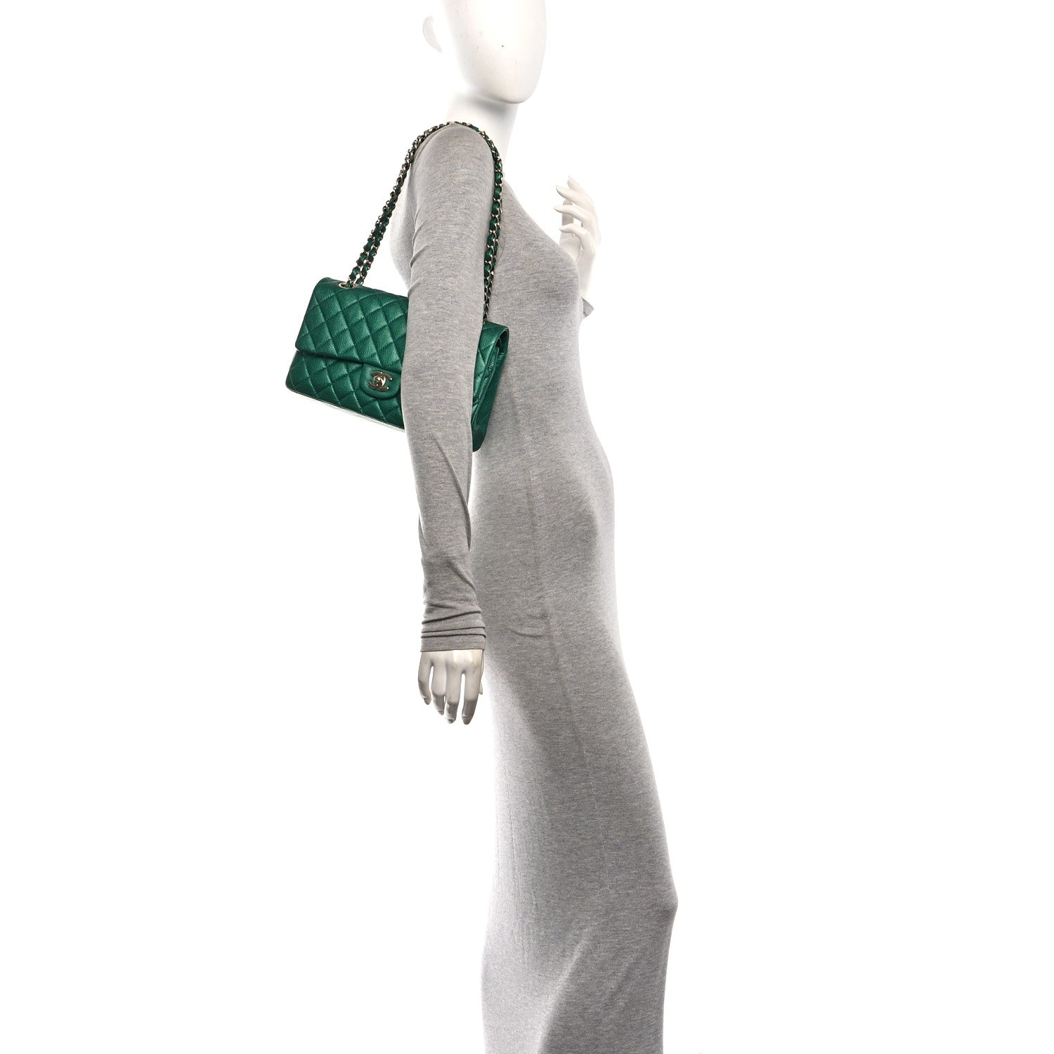 Metallic Caviar Quilted Medium Double Flap Green — view 3