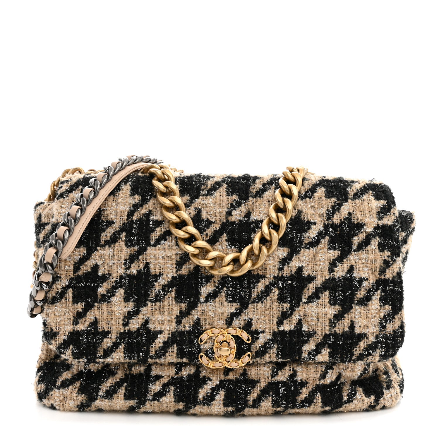 Tweed Maxi Chanel 19 Flap Beige Black