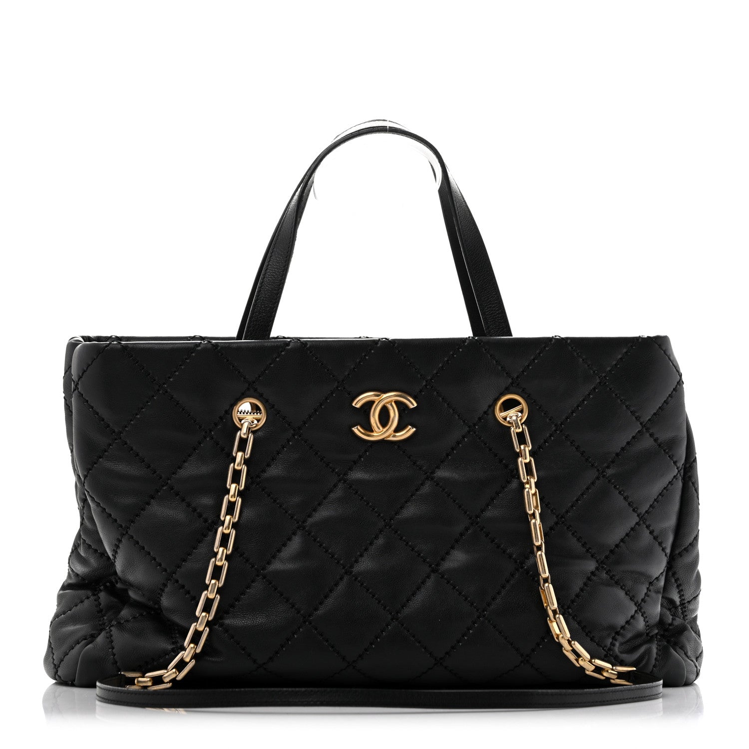 Calfskin Quilted Large Retro Chain Shopping Tote Black