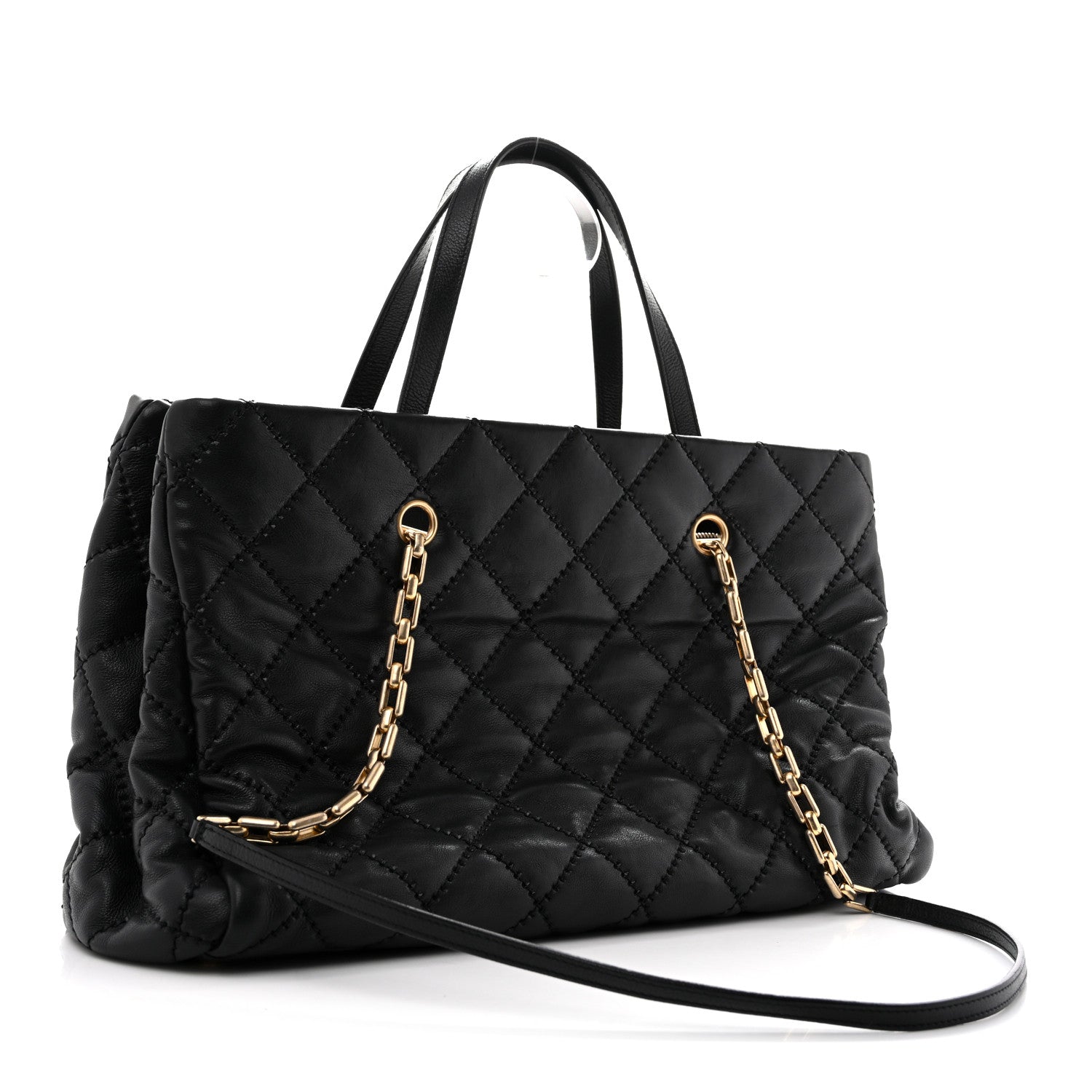 Calfskin Quilted Large Retro Chain Shopping Tote  Black — view 3