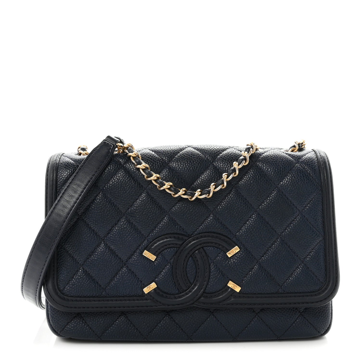 Caviar Quilted Small CC Filigree Flap Navy Black