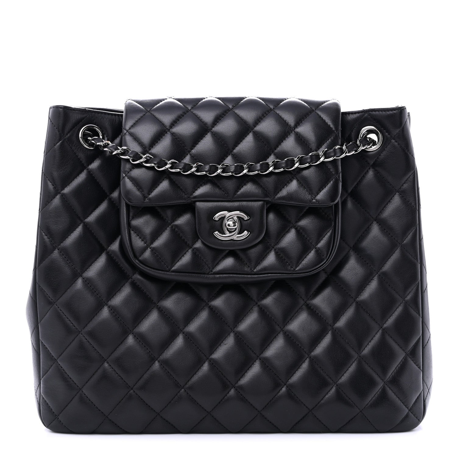 Lambskin Quilted Front Flap Tote Black