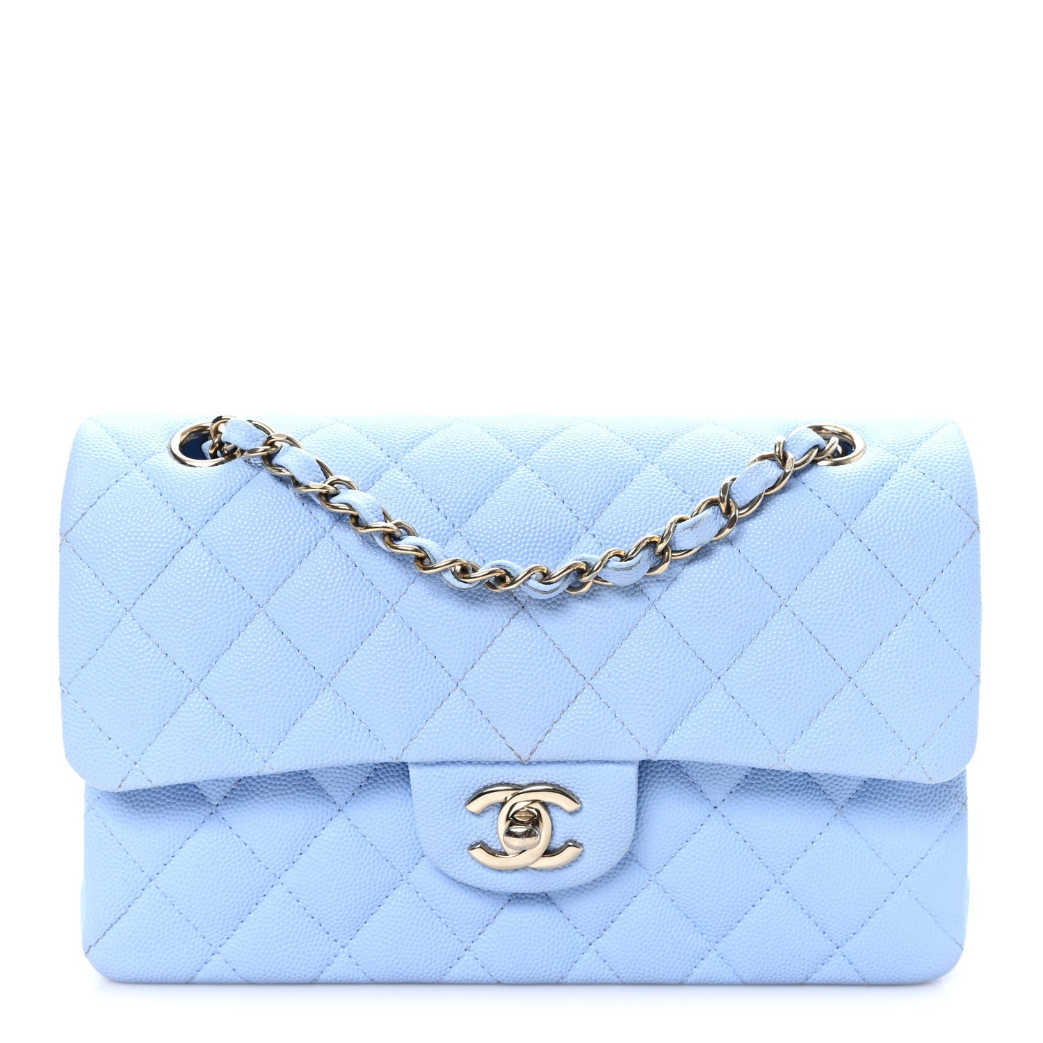 Caviar Quilted Small Double Flap Light Blue