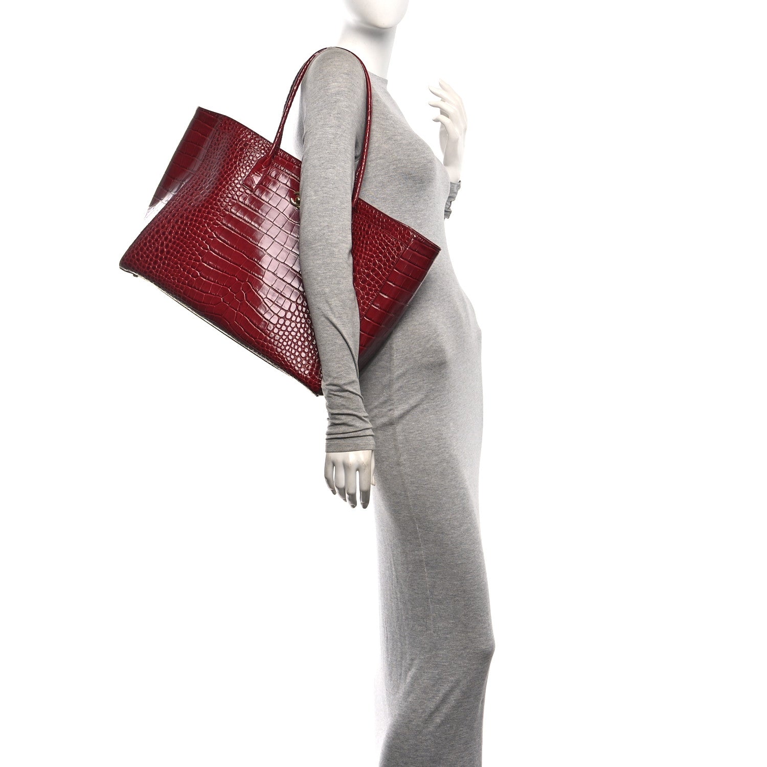 Calfskin Crocodile Embossed Archetype Large Shopping Tote Burgundy Burgundy — view 2