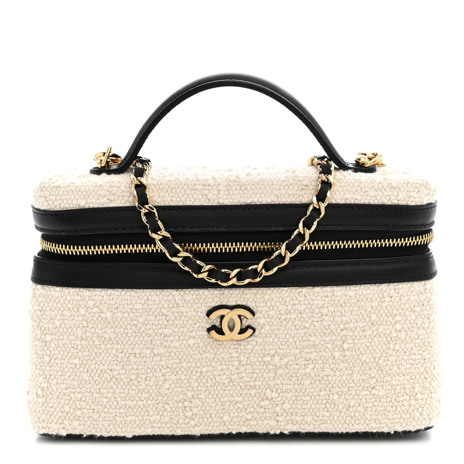 Boucle Calfskin Top Handle Slim Vanity Case With Chain Ecru Black
