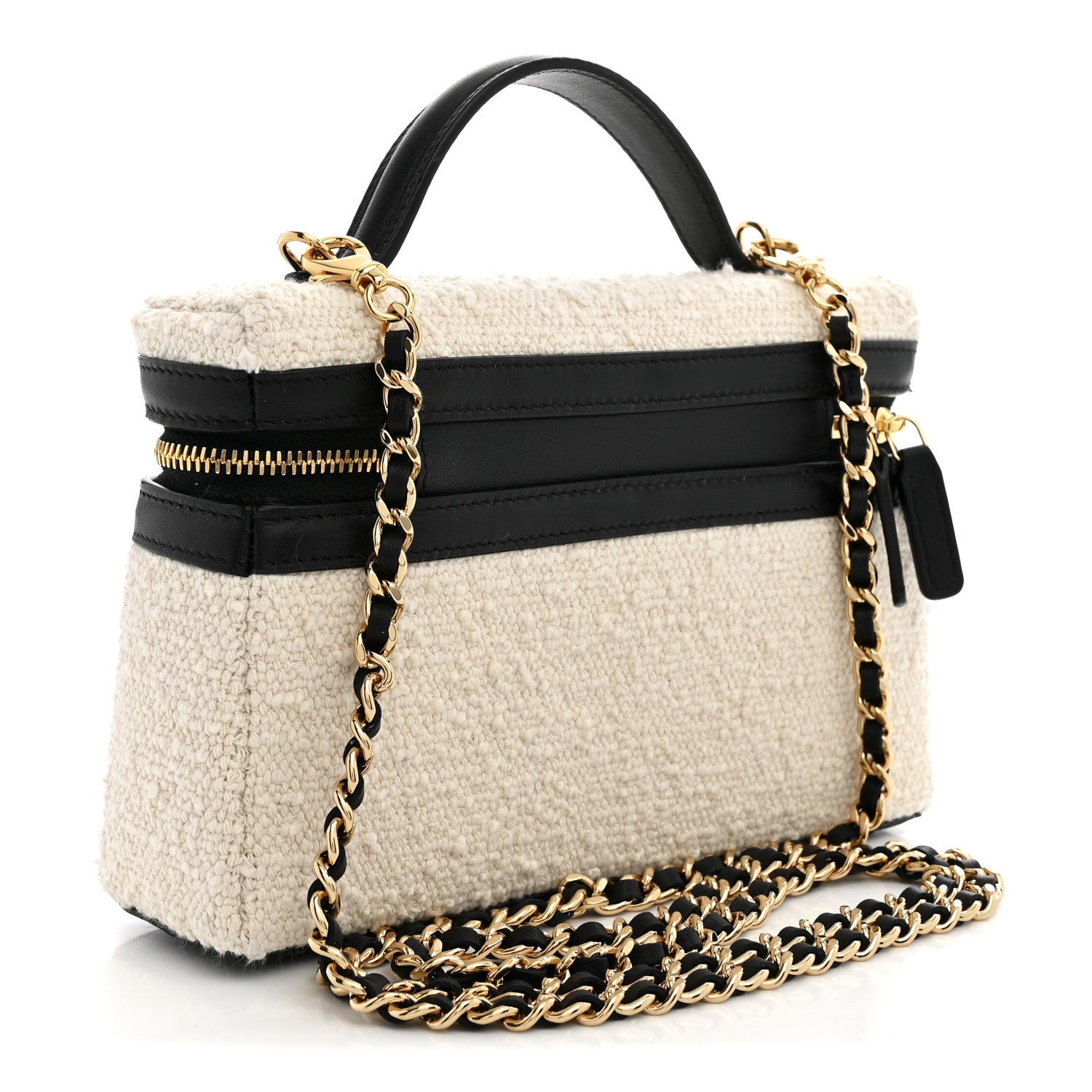 Boucle Calfskin Top Handle Slim Vanity Case With Chain Ecru Black — view 3