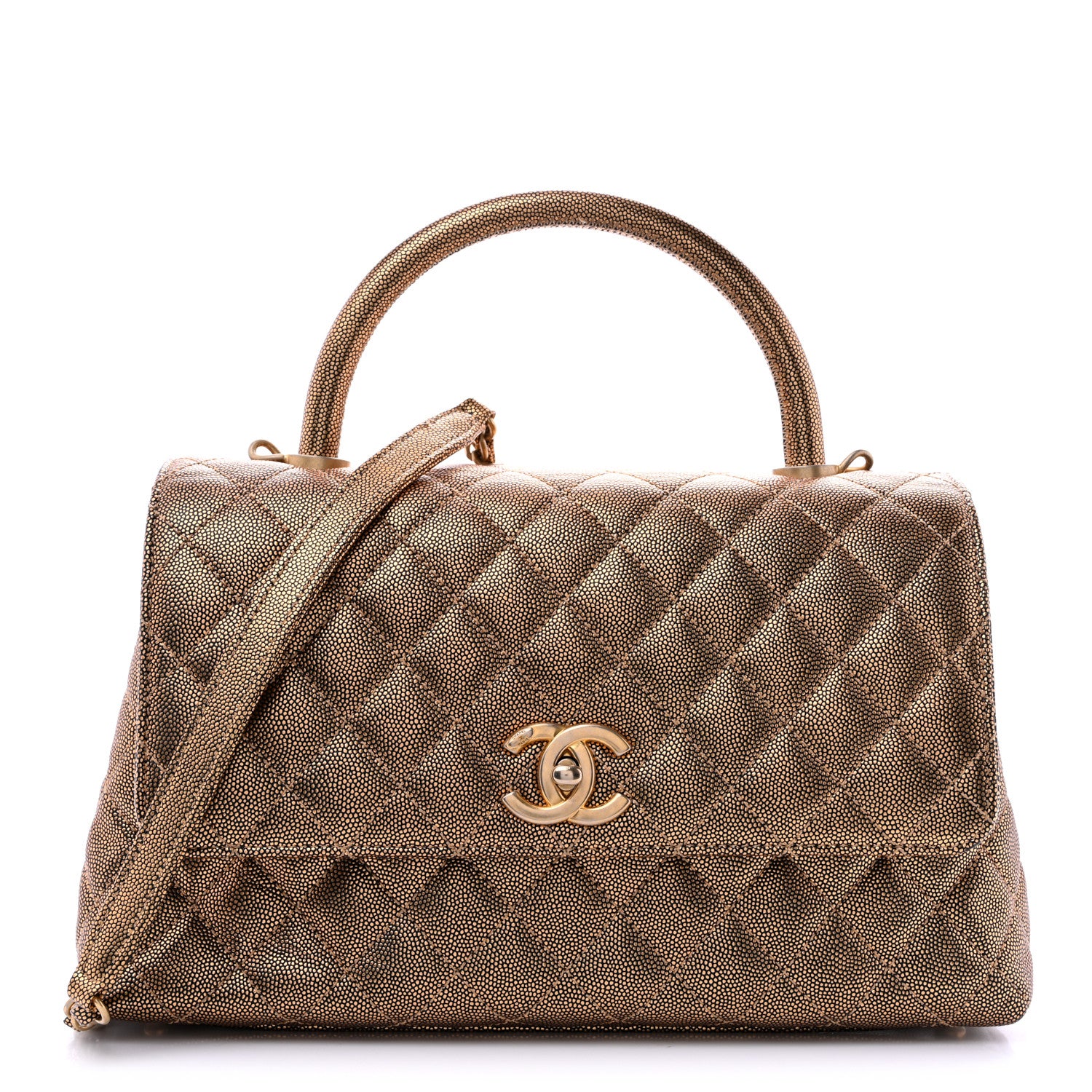 Metallic Caviar Quilted Small Coco Handle Flap Gold