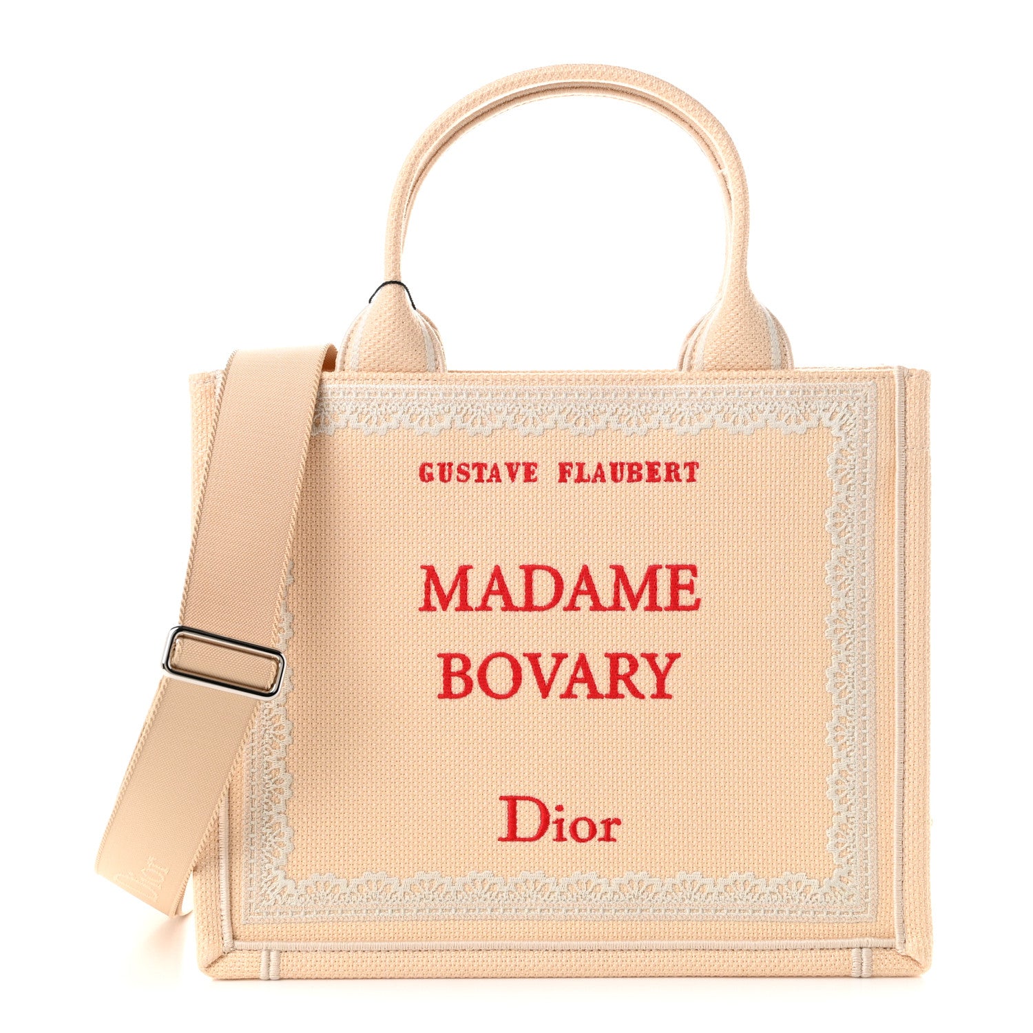 Oblique Embroidered Lace Dior Madame Bovary Small Book Tote With Strap Beige Red