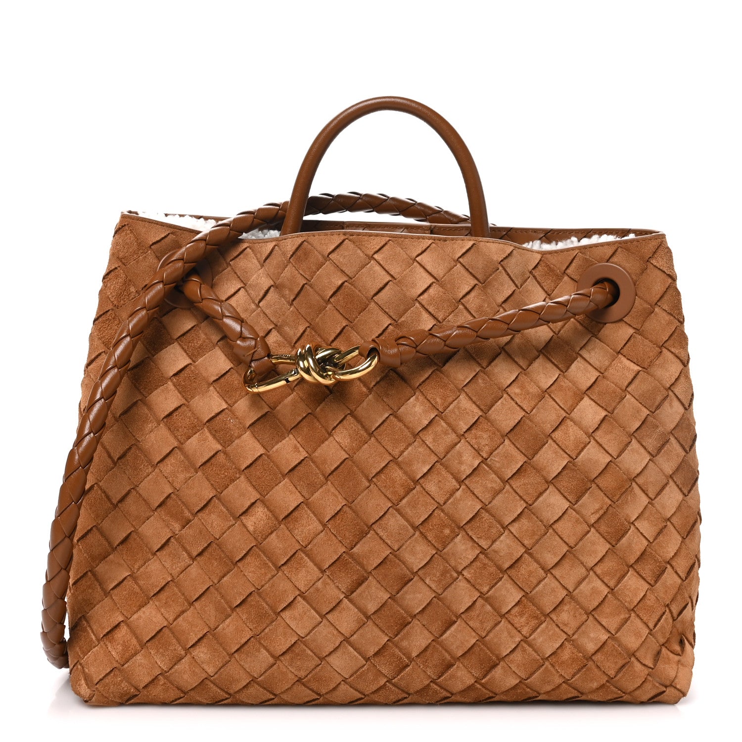 Suede Shearling Intrecciato Medium Andiamo Shoulder Bag Amber