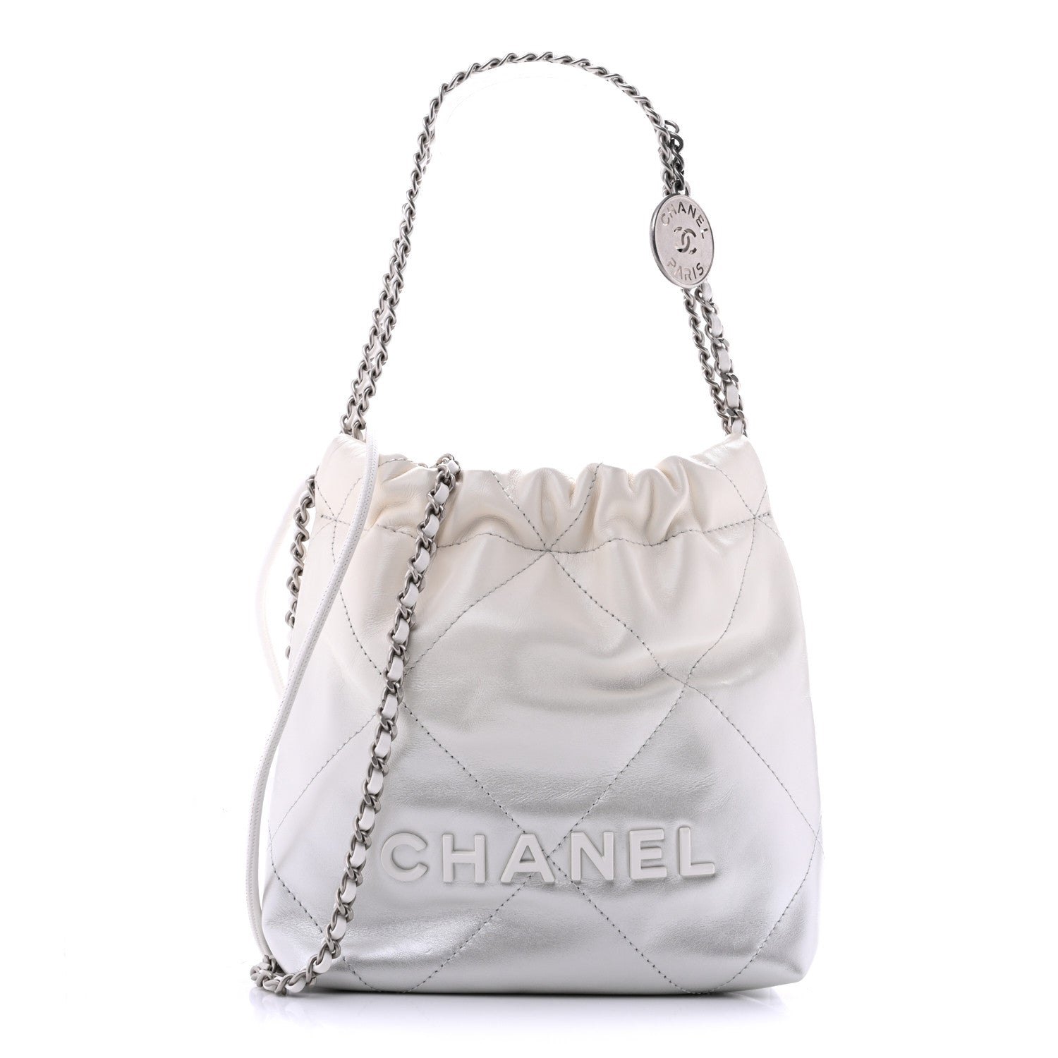 Metallic Shaded Calfskin Quilted Mini Chanel 22 White Silver