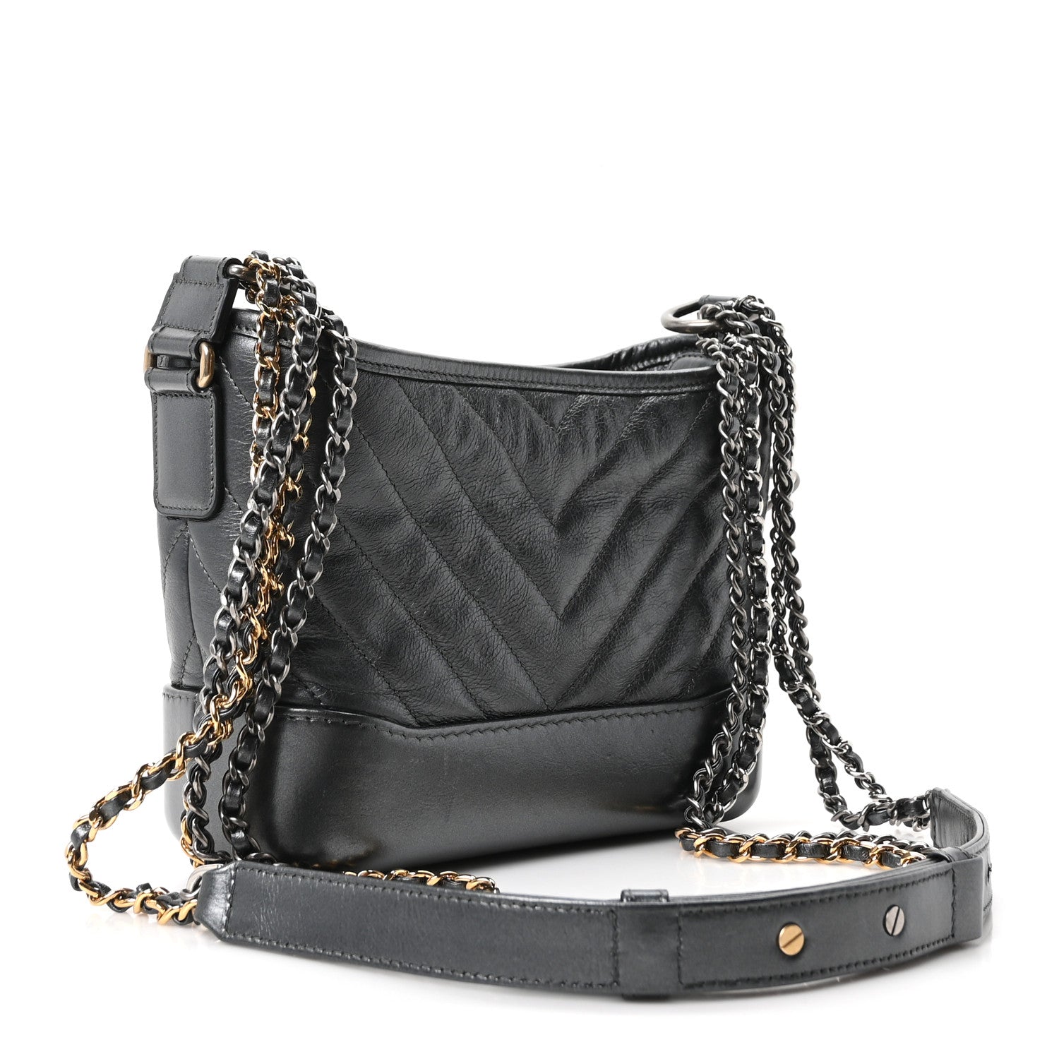 Metallic Aged Calfskin Chevron Quilted Small Gabrielle Hobo Dark Grey — view 3