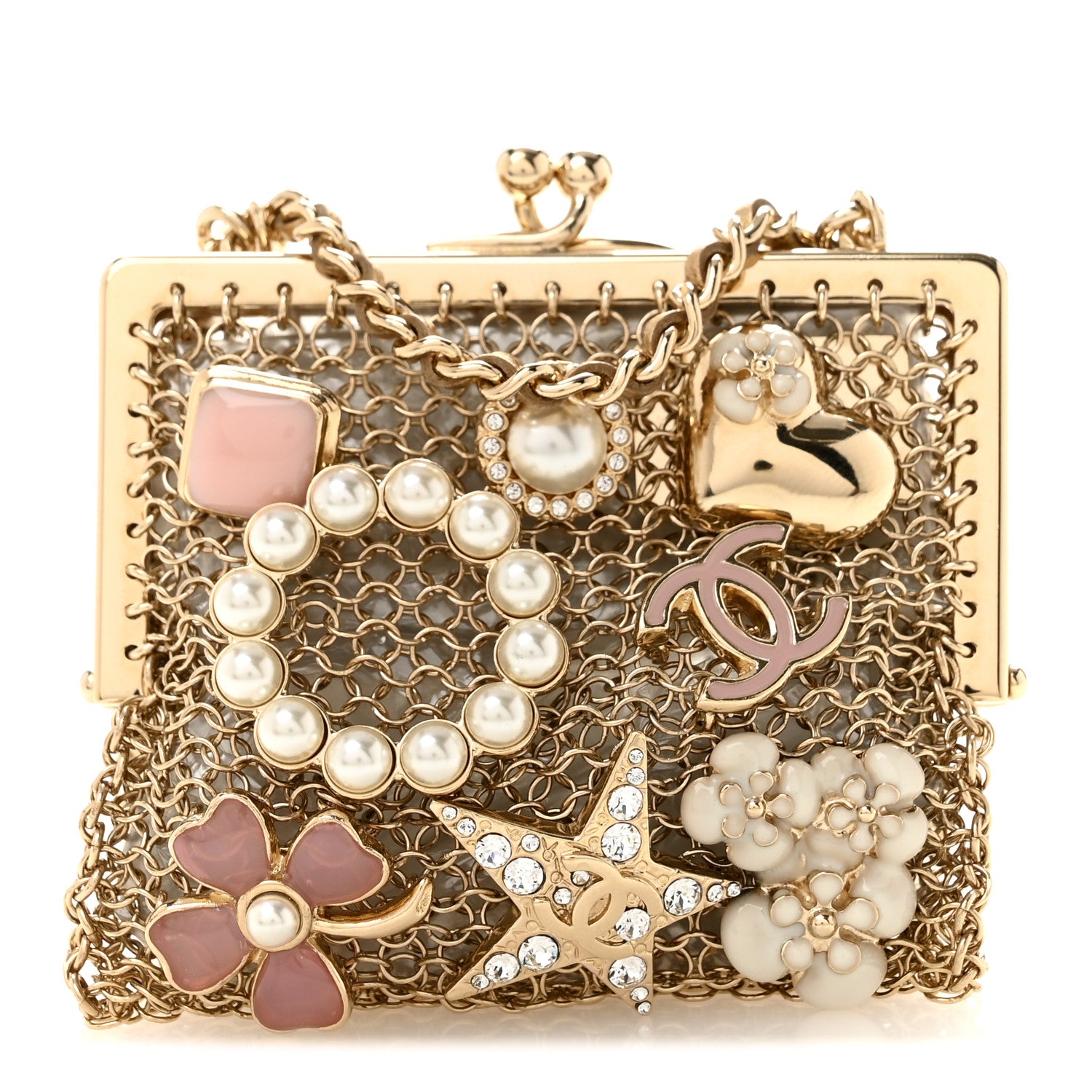 Metal Pearl Enamel Kiss Lock Chain Mail Charm Clutch Gold