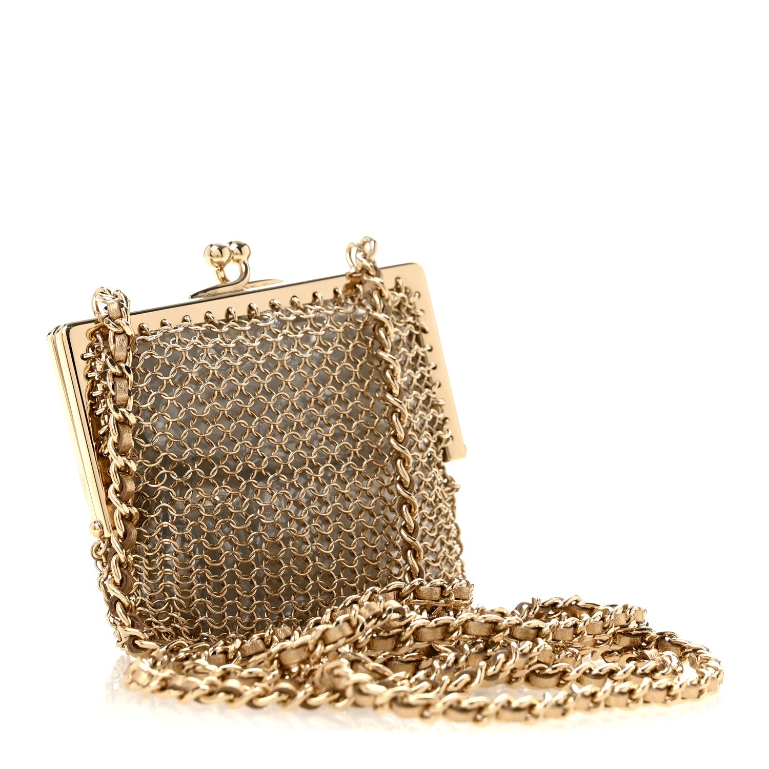 Metal Pearl Enamel Kiss Lock Chain Mail Charm Clutch Gold — view 3