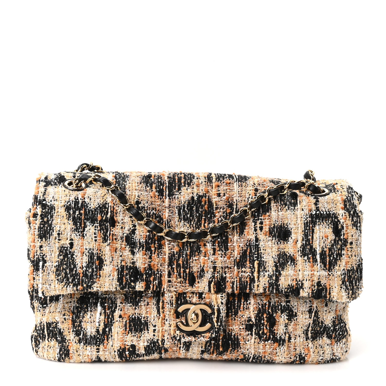 Tweed Mixed Fibers Leopard Print Small Souplissimo Maxi Flap Brown Black White