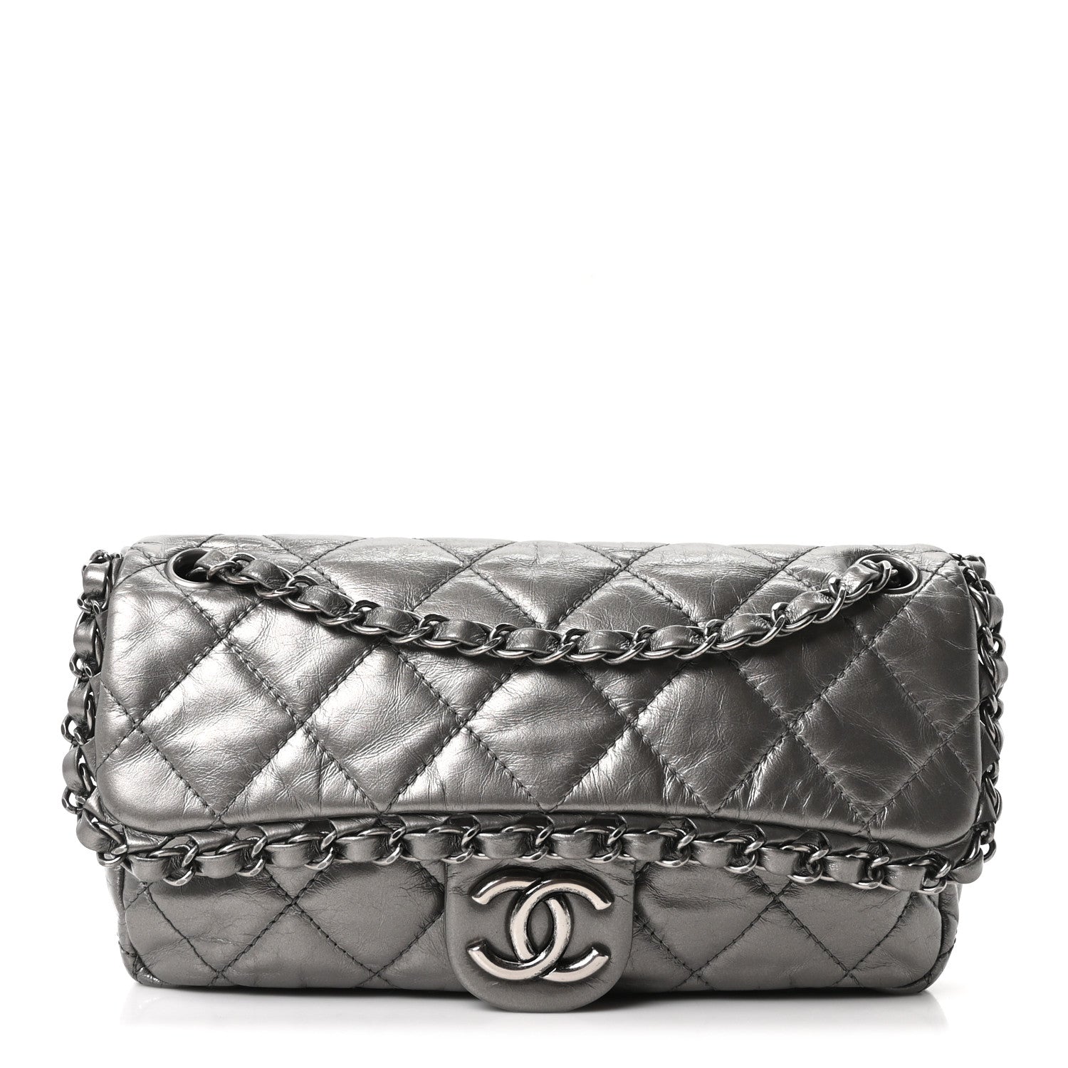 Metallic Calfskin Quilted Medium Chain Me Flap Grey