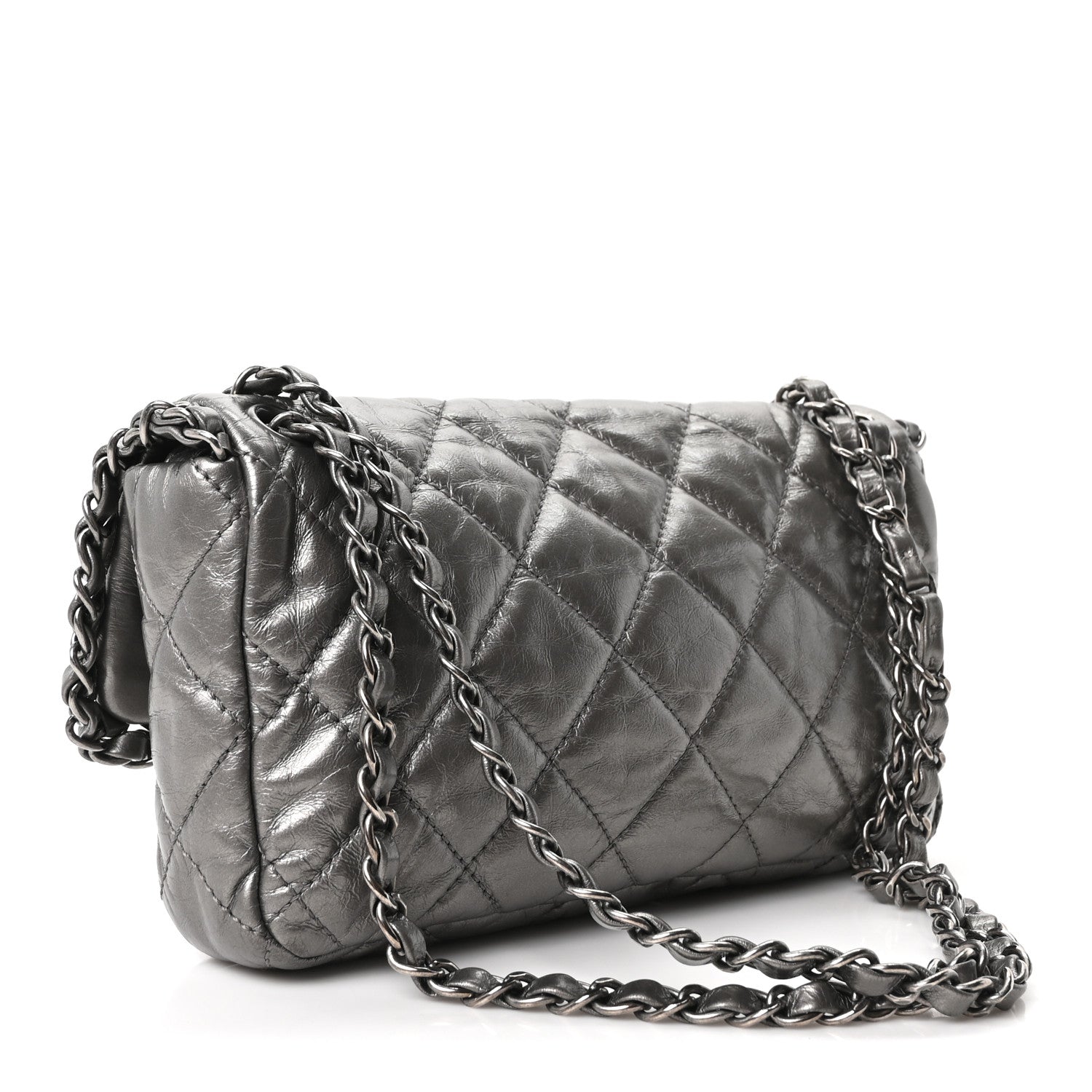 Metallic Calfskin Quilted Medium Chain Me Flap Grey — view 3