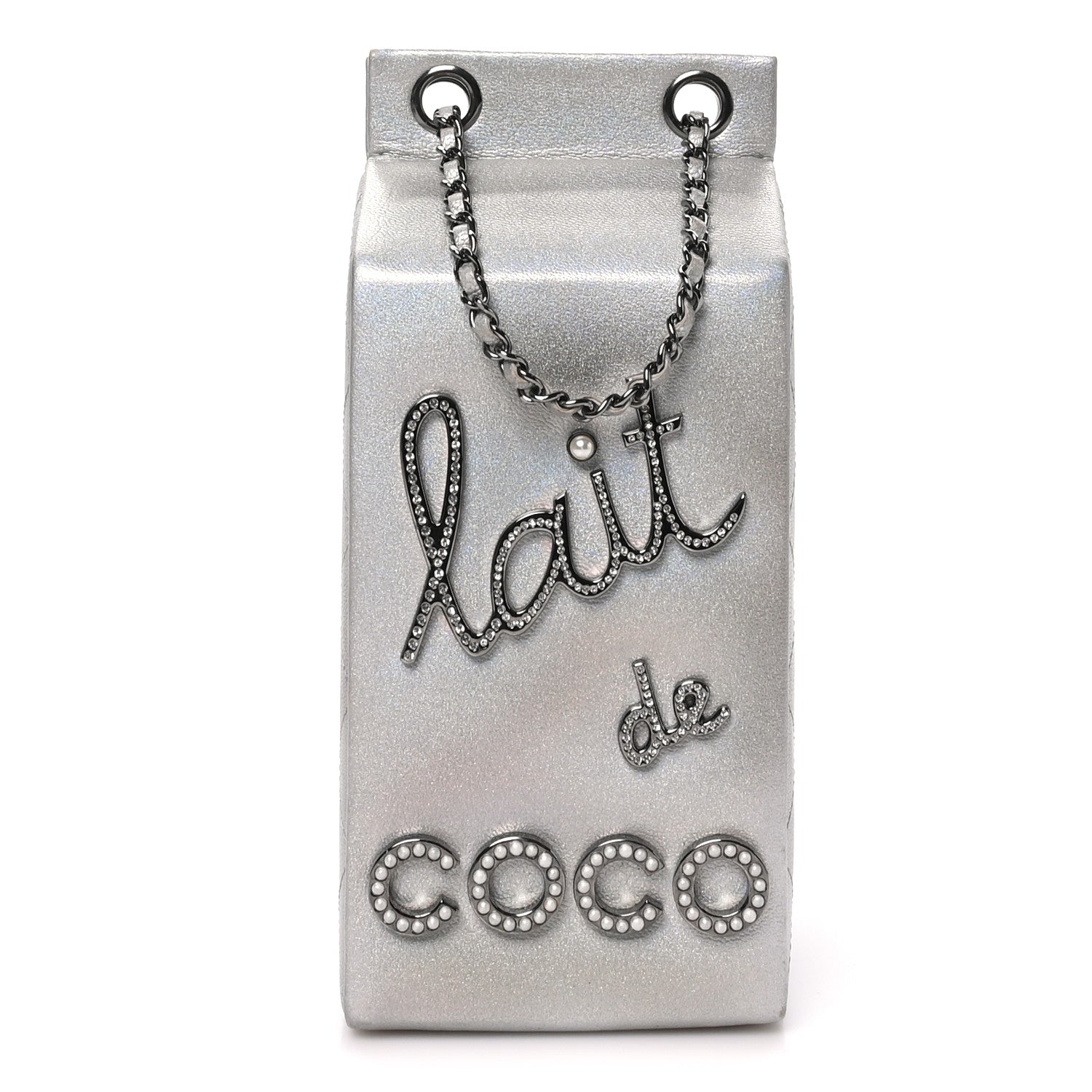 Metallic Goatskin Lait de Coco Milk Carton Bag Silver