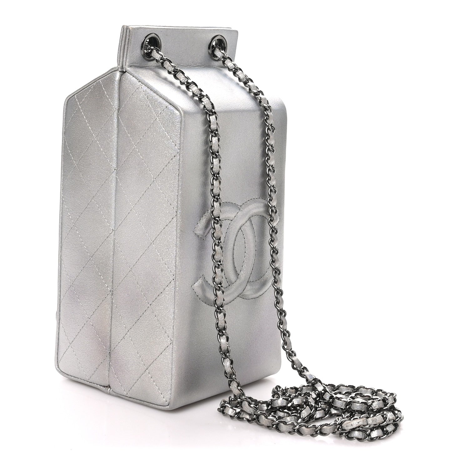 Metallic Goatskin Lait de Coco Milk Carton Bag Silver — view 3
