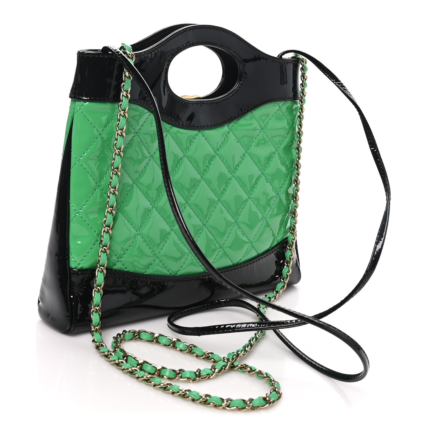 Patent Calfskin Quilted Mini 31 Shopping Bag Green Black — view 3